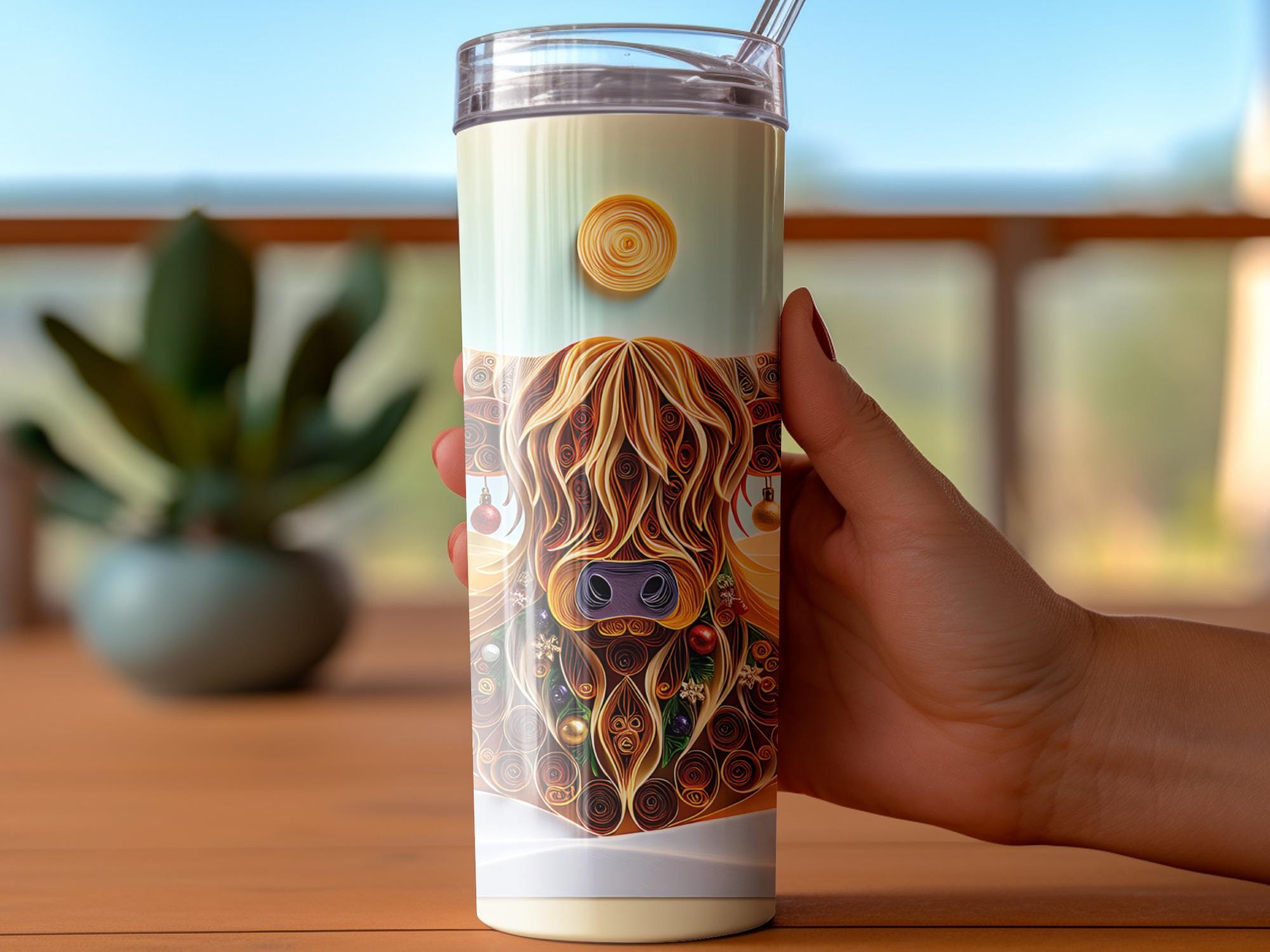 Christmas Highland Cow Tumbler Wrap: Winter Trees PNG (Digital Download)