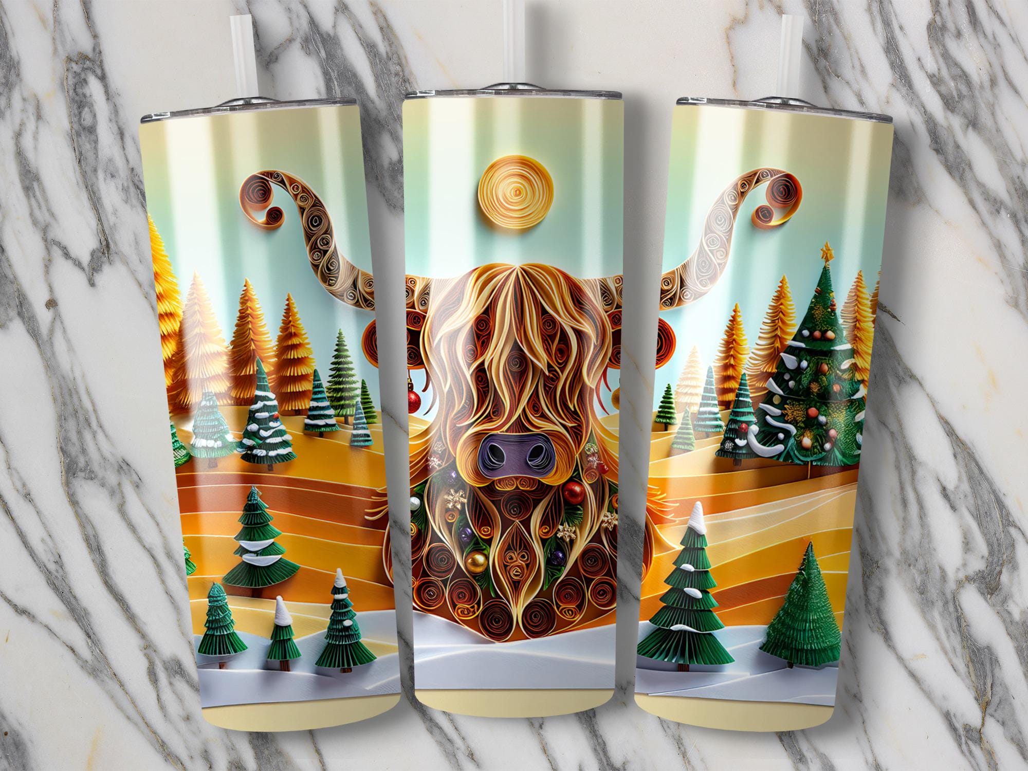 Christmas Highland Cow Tumbler Wrap: Winter Trees PNG (Digital Download)