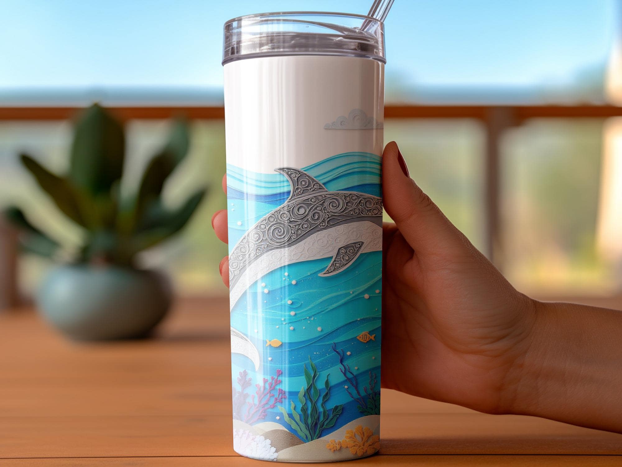 Dolphin Tumbler Wrap: Ocean Paper Quilling Design (20oz Skinny Tumbler PNG Digital Download