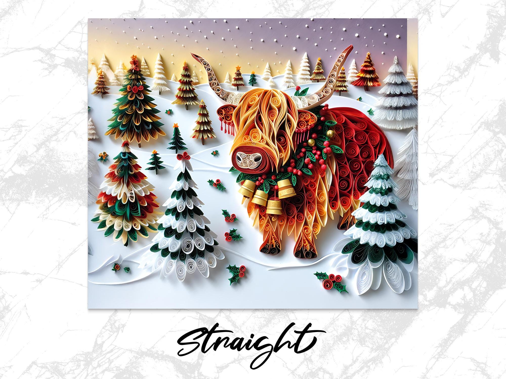 Christmas Highland Cow Tumbler Wrap: Quilled Art Sublimation Design (Digital Download)
