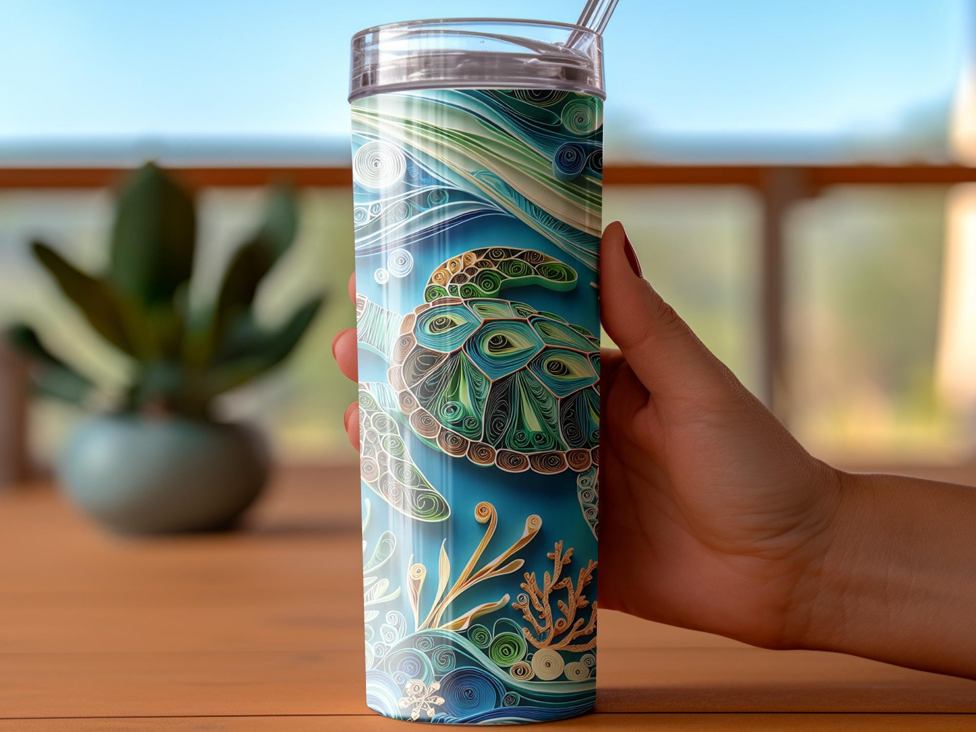 Quilled Sea Turtle Tumbler Wrap: Ocean Sublimation Design (PNG Digital Download)
