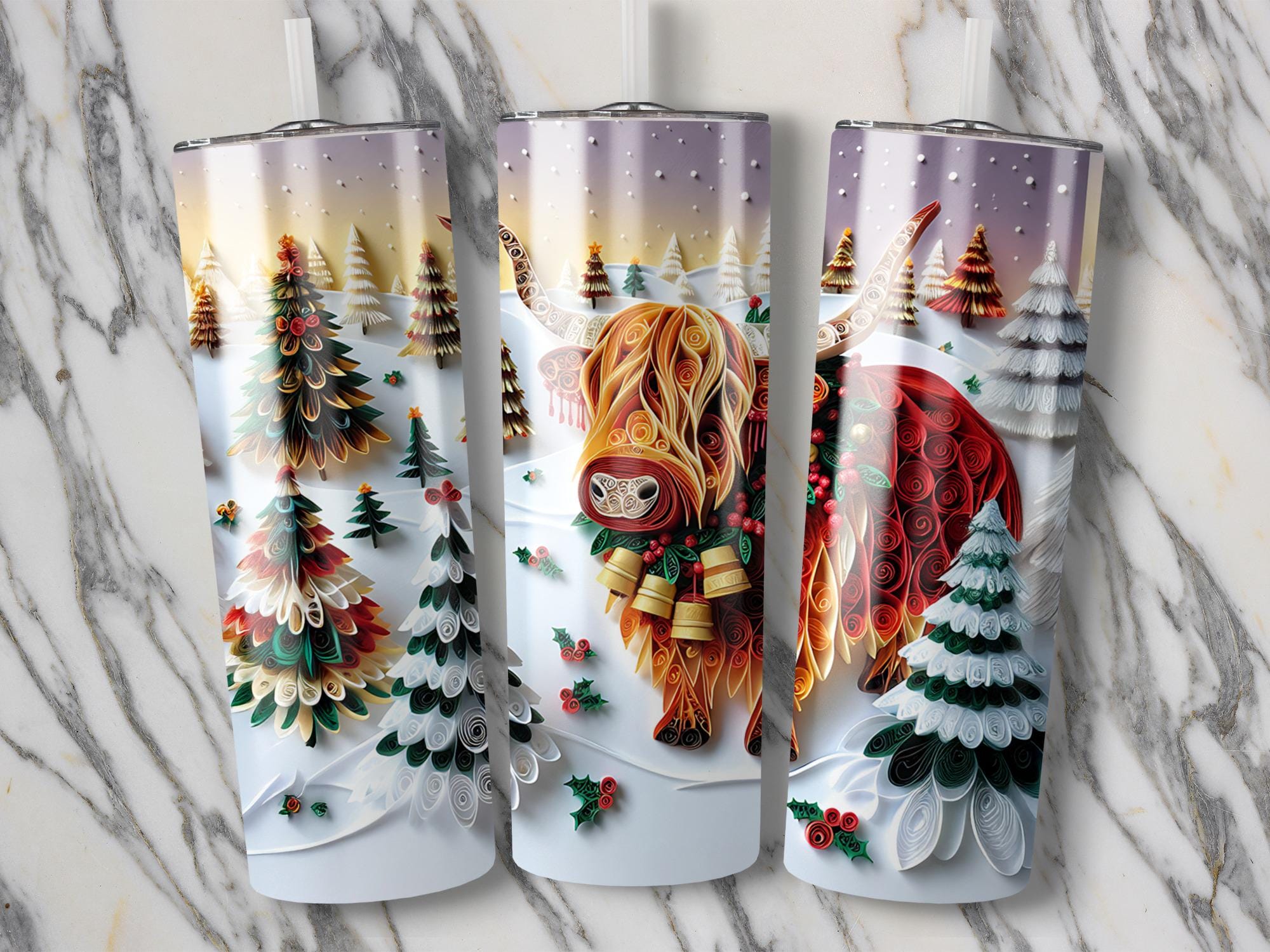 Christmas Highland Cow Tumbler Wrap: Quilled Art Sublimation Design (Digital Download)