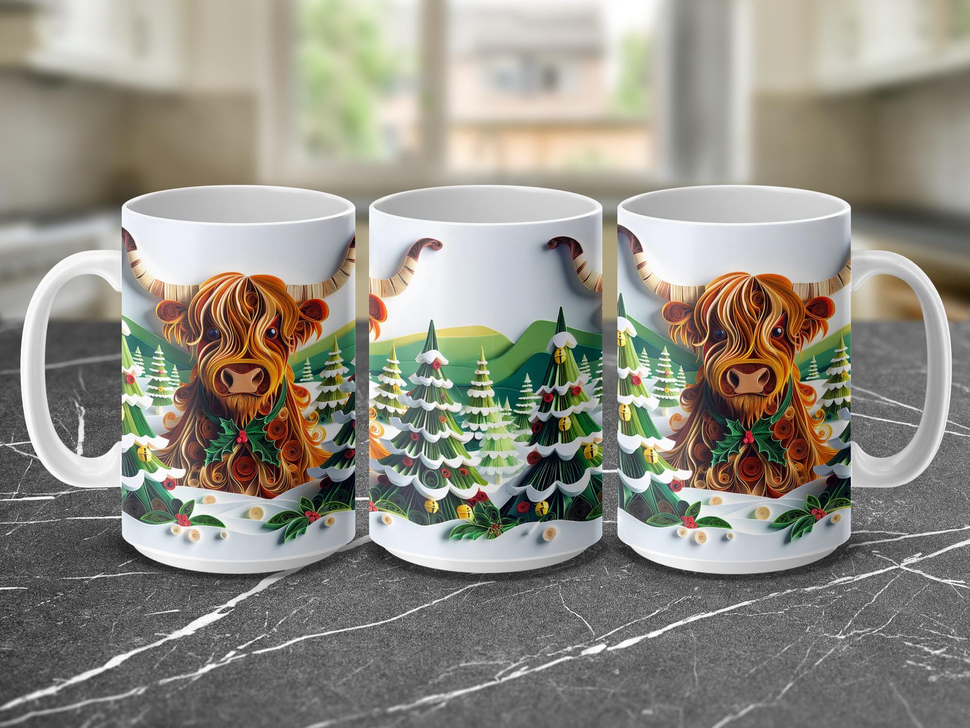 Christmas Highland Cow Mug Wrap PNG, Winter Cow Sublimation Design, Festive Mug Wrap, Paper Quilling, Holiday Highland Cow, Digital Download