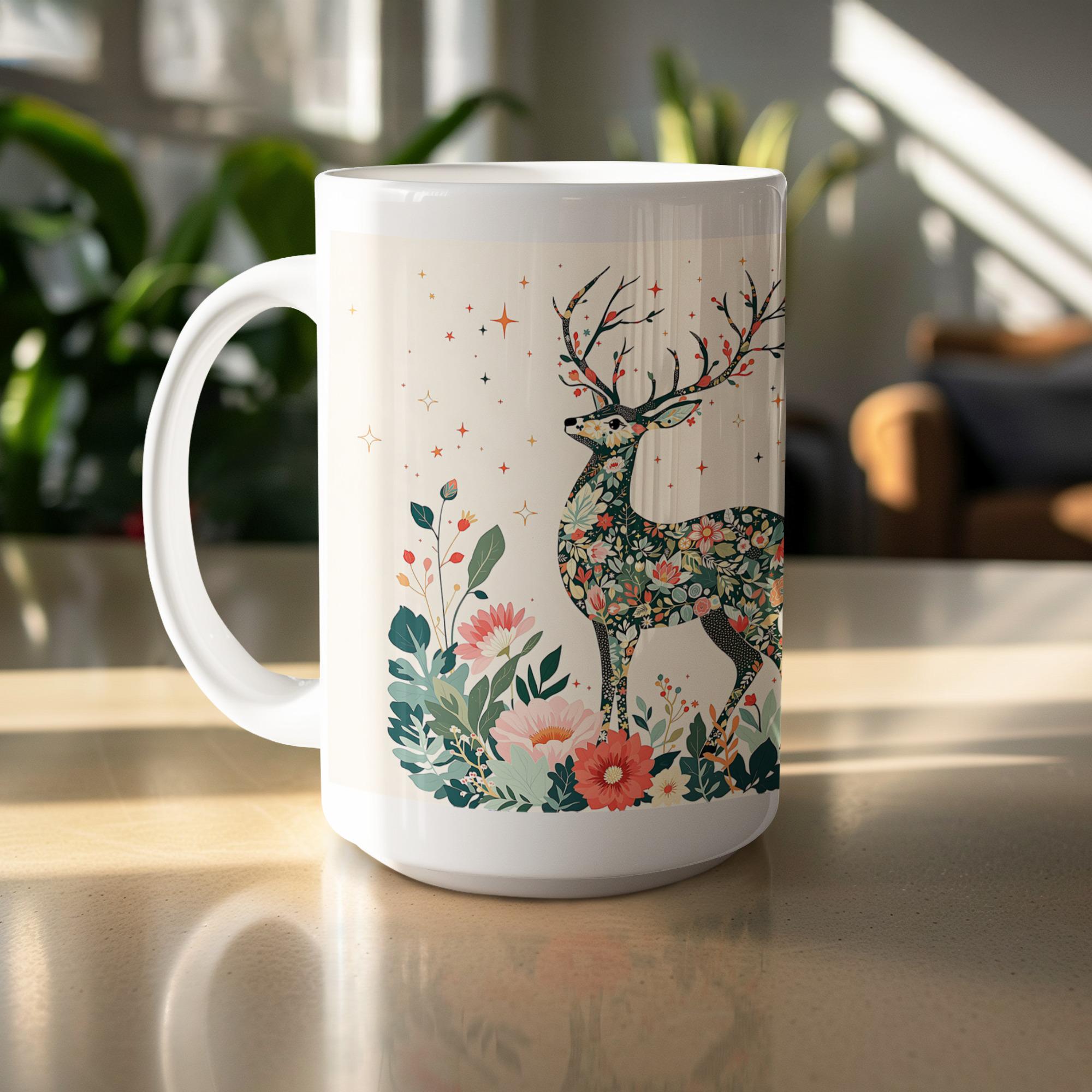 Floral Deer Mug Wrap: Spring Animal Sublimation Design (Digital Download, 15 oz PNG File)