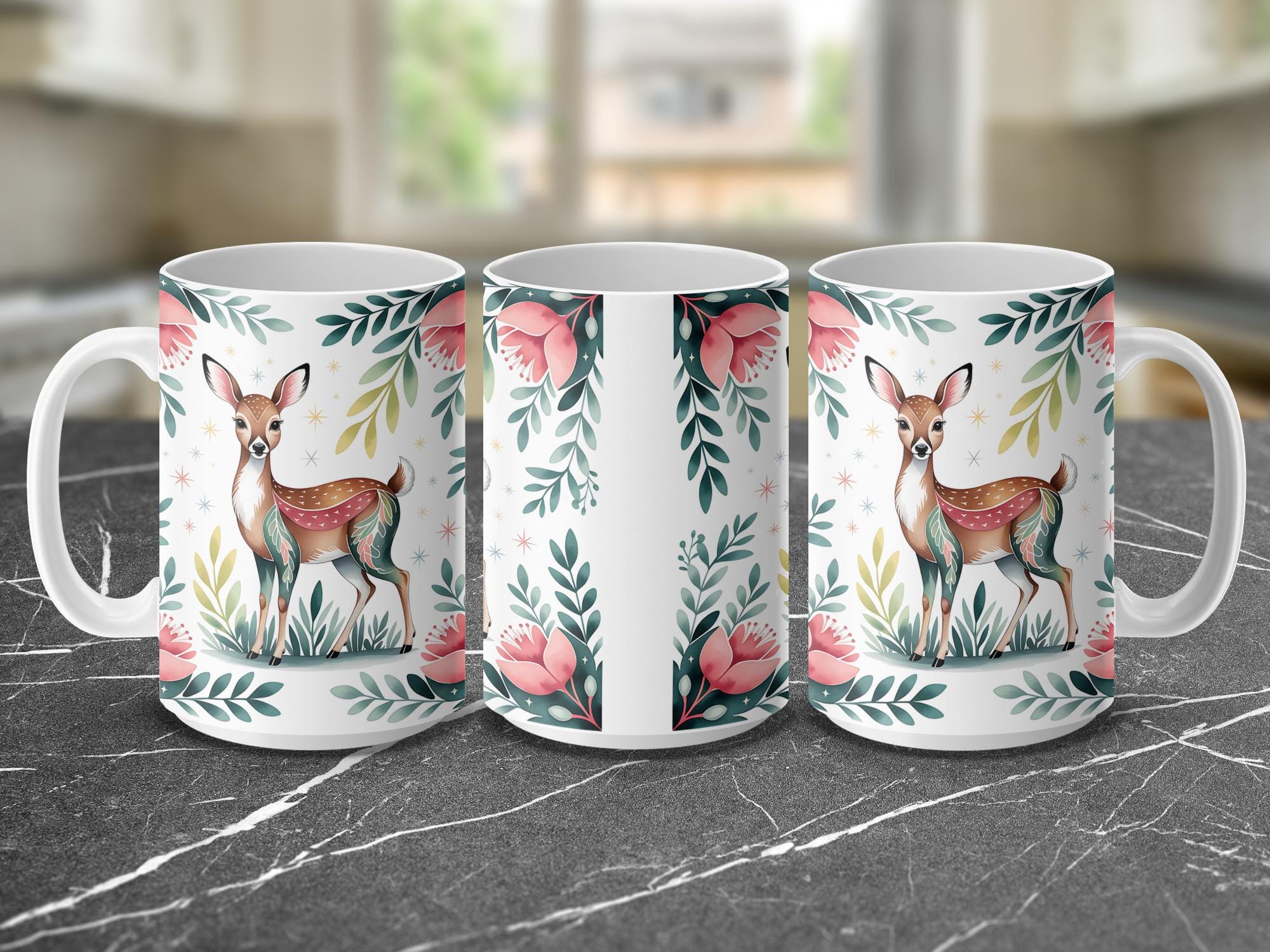Deer Mug Wrap: Floral Watercolor Sublimation Design (Digital Download)