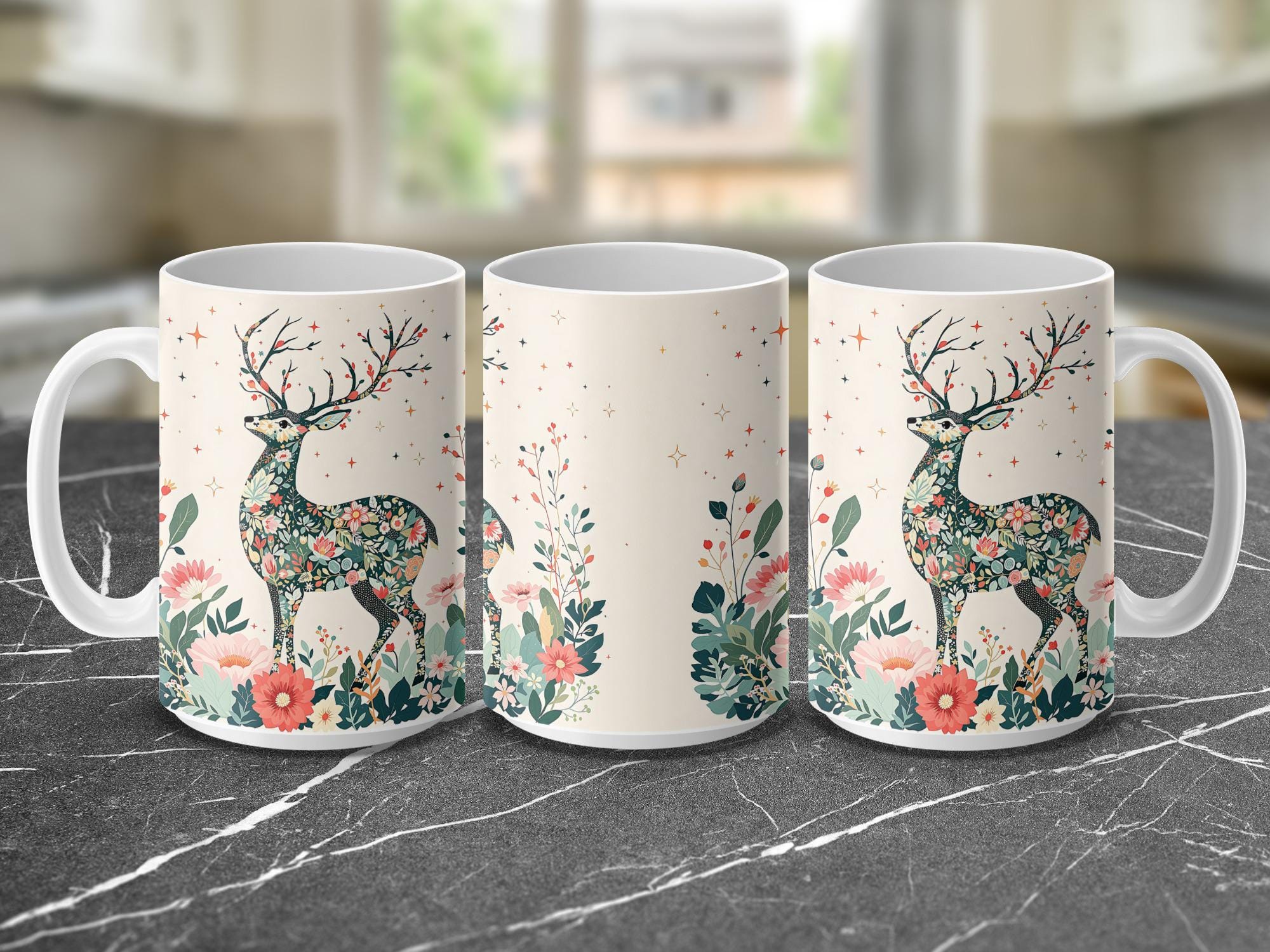 Floral Deer Mug Wrap: Spring Animal Sublimation Design (Digital Download, 15 oz PNG File)