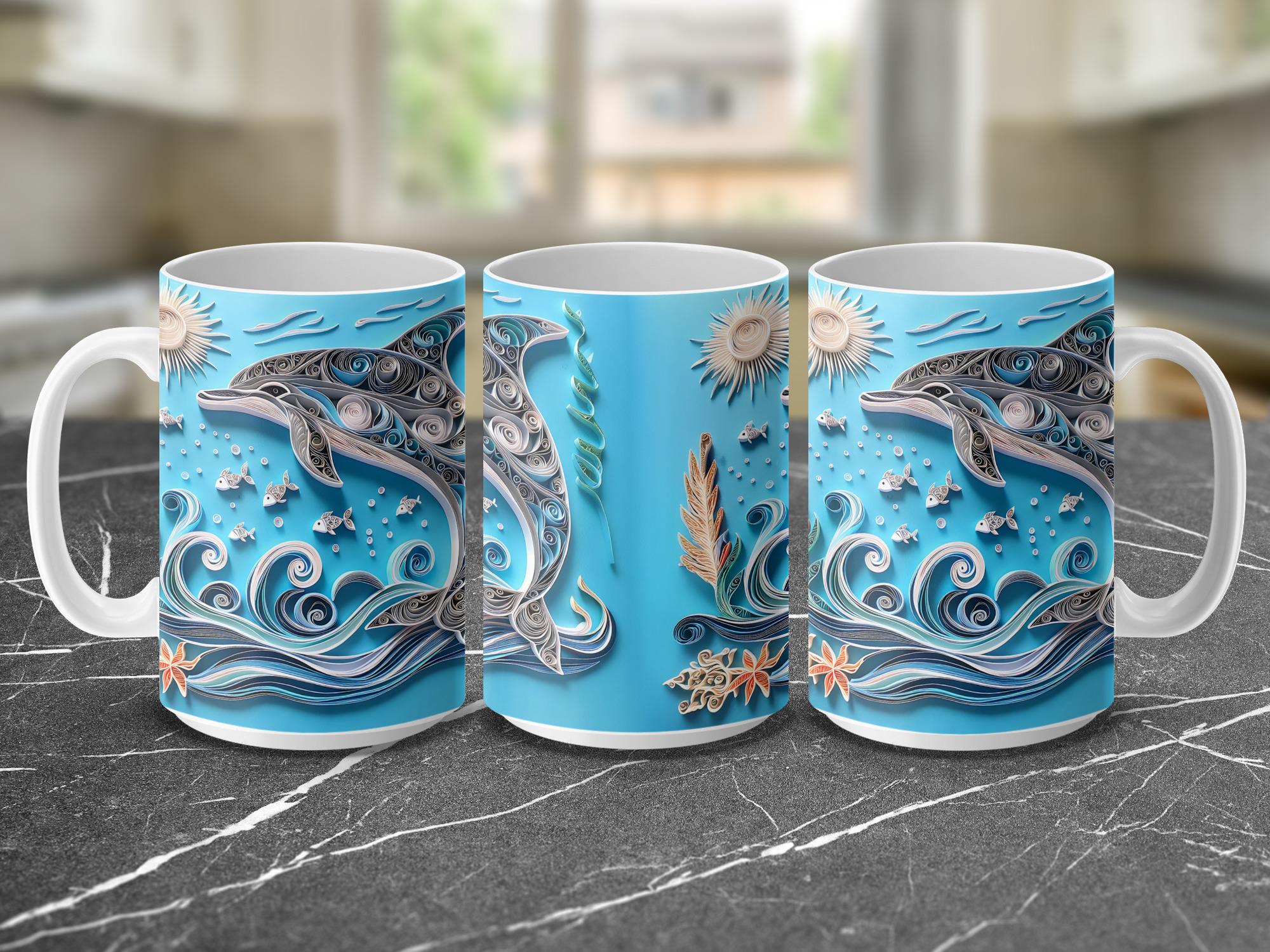 Dolphin Mug Wrap: Paper Quilling Art, Ocean Design (Digital Download, 15oz Mug)