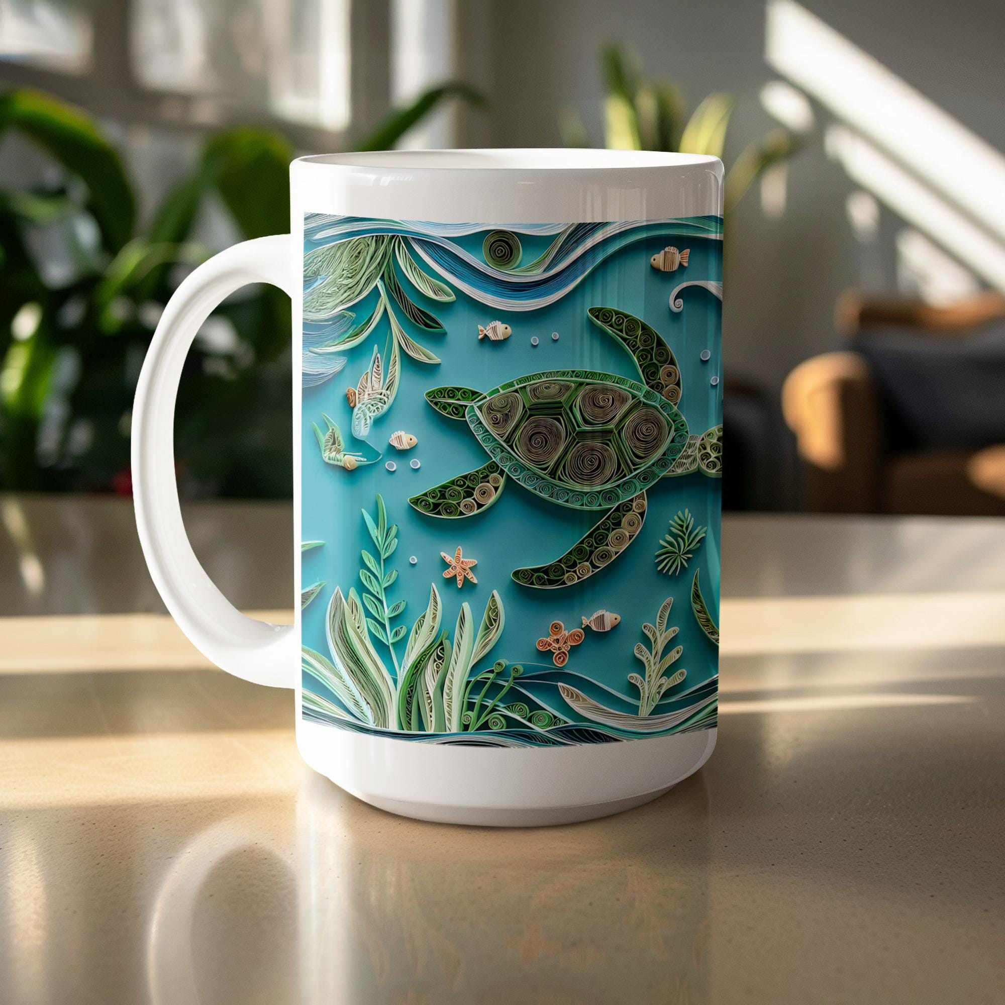 Sea Turtle Mug Wrap: Quilling Art Sublimation Design (Digital Download 15oz Mug PNG File)