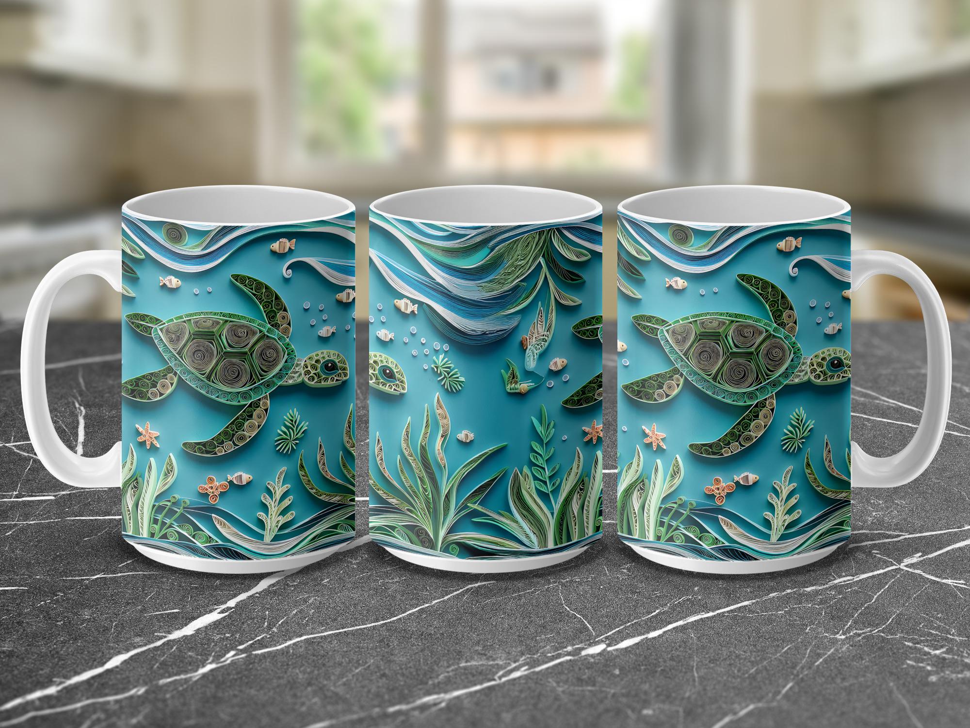 Sea Turtle Mug Wrap: Quilling Art Sublimation Design (Digital Download 15oz Mug PNG File)