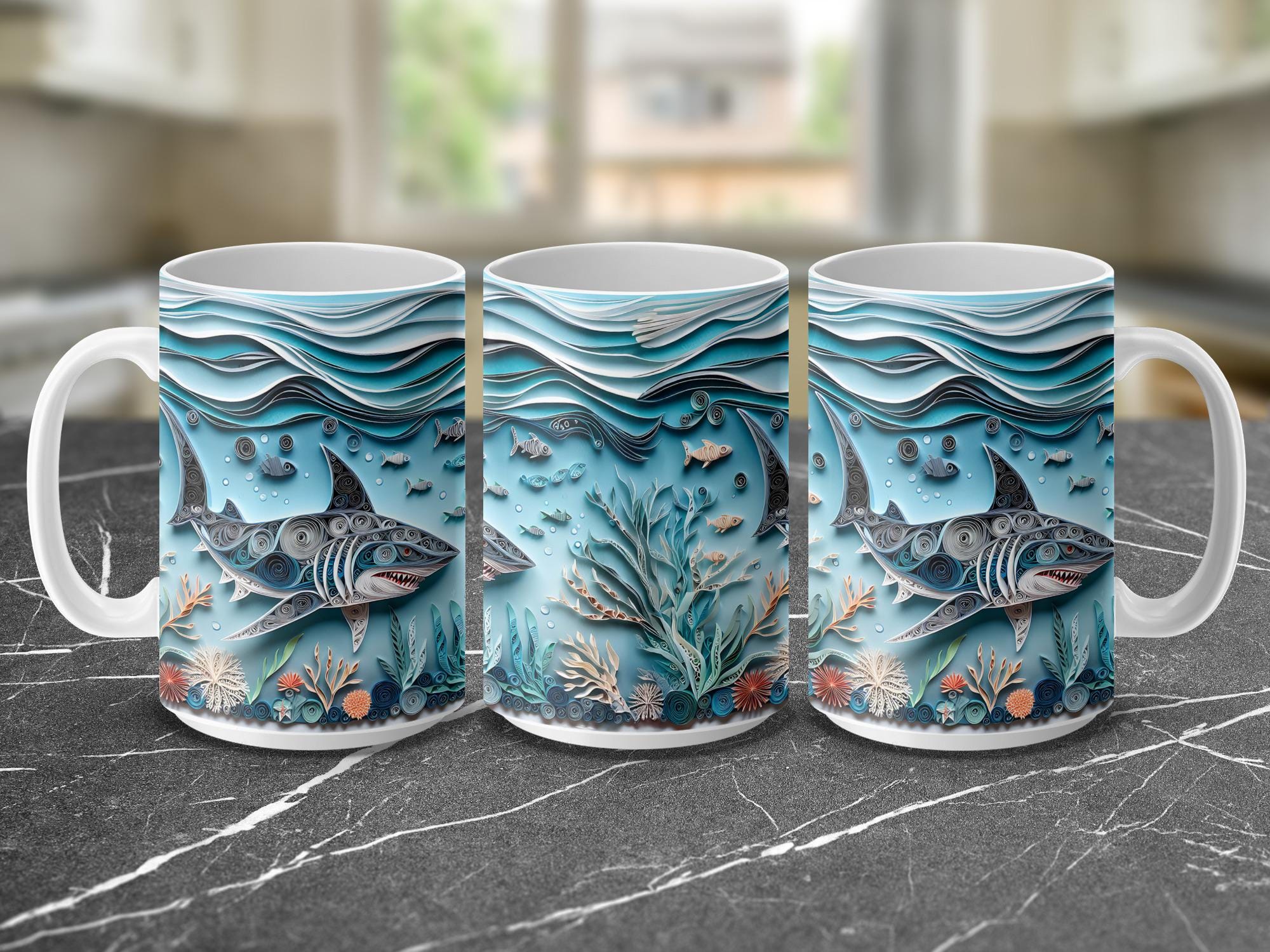 Shark Mug Wrap: Paper Quilling Ocean Design (Digital Download, 15oz Mug PNG)
