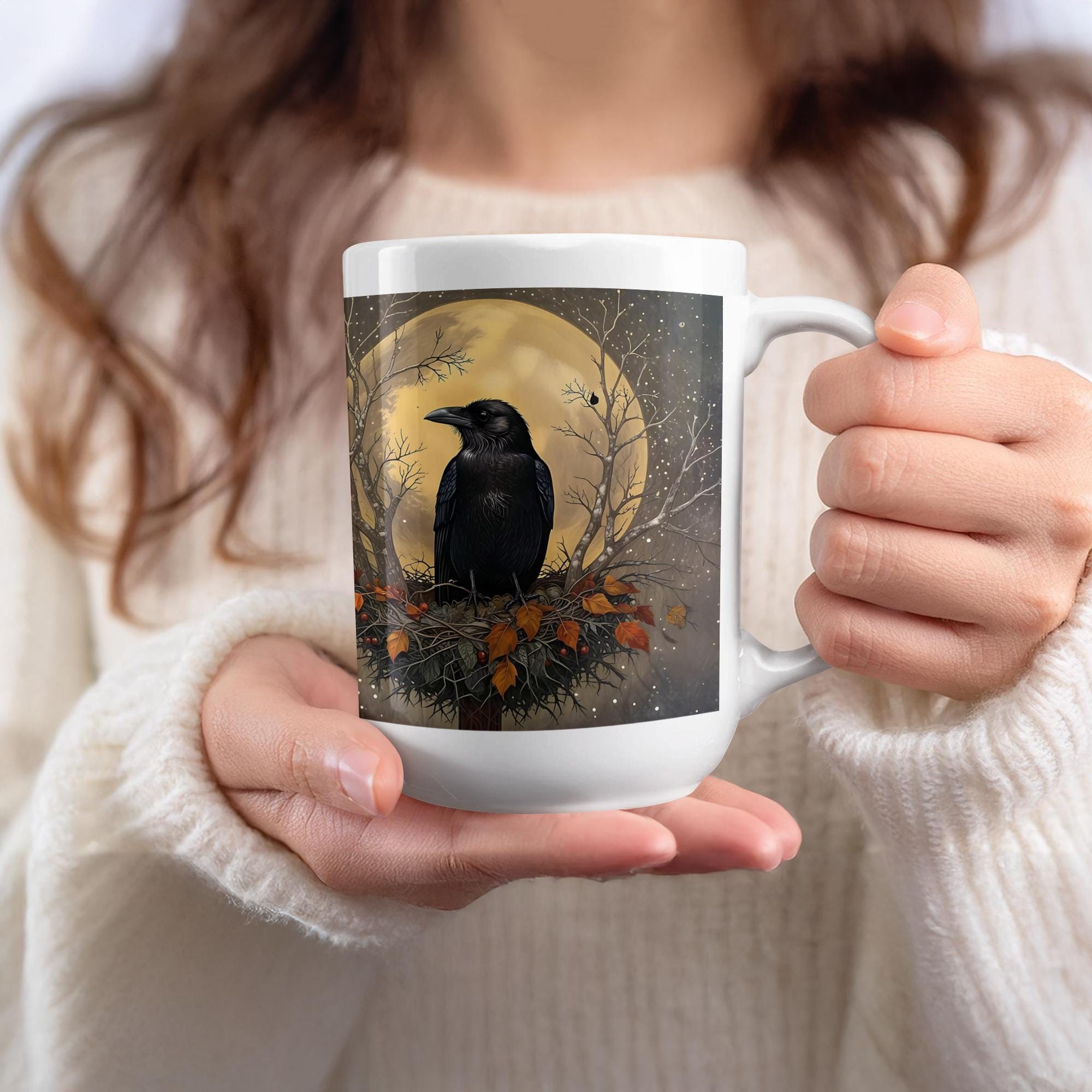 Raven Moon Mug Wrap: Autumn Gothic Design (Digital Download, 15oz PNG File