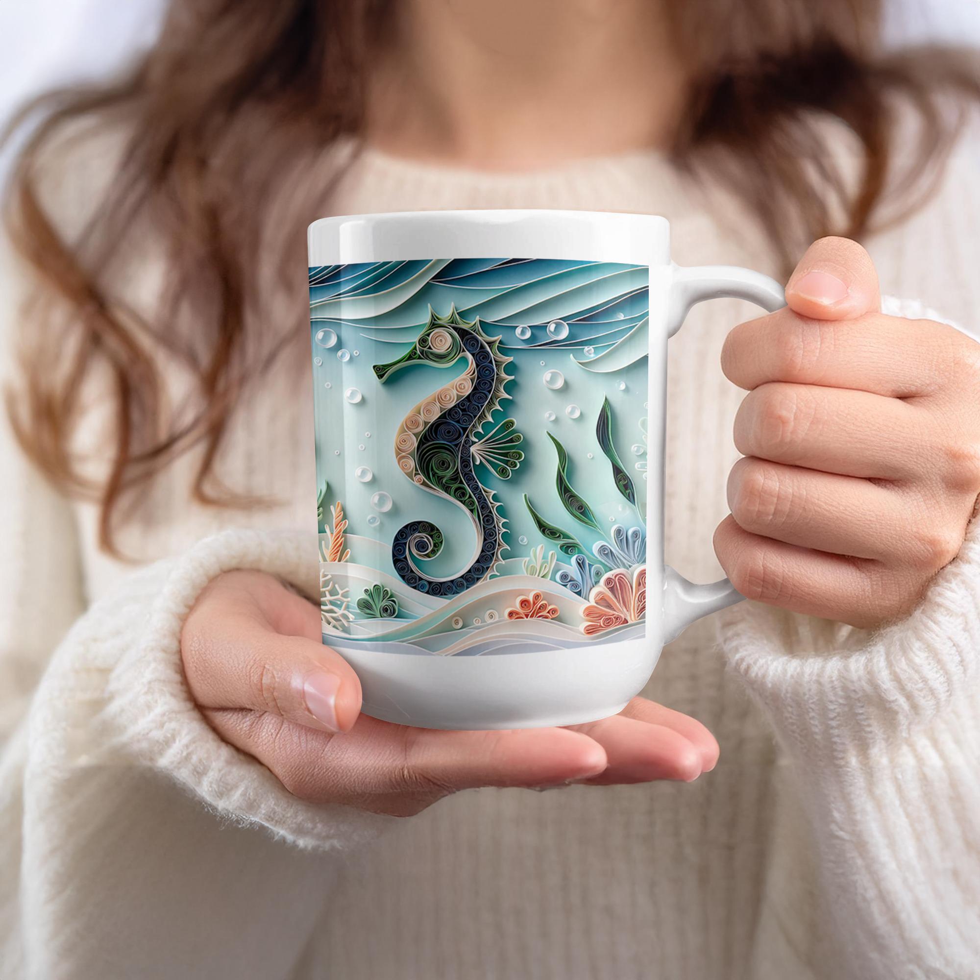 Seahorse Mug Wrap, 15oz Under the Sea Mug, Ocean Sublimation Designs, Paper Quilling art, Seahorse Ocean Wrap, Digital Download