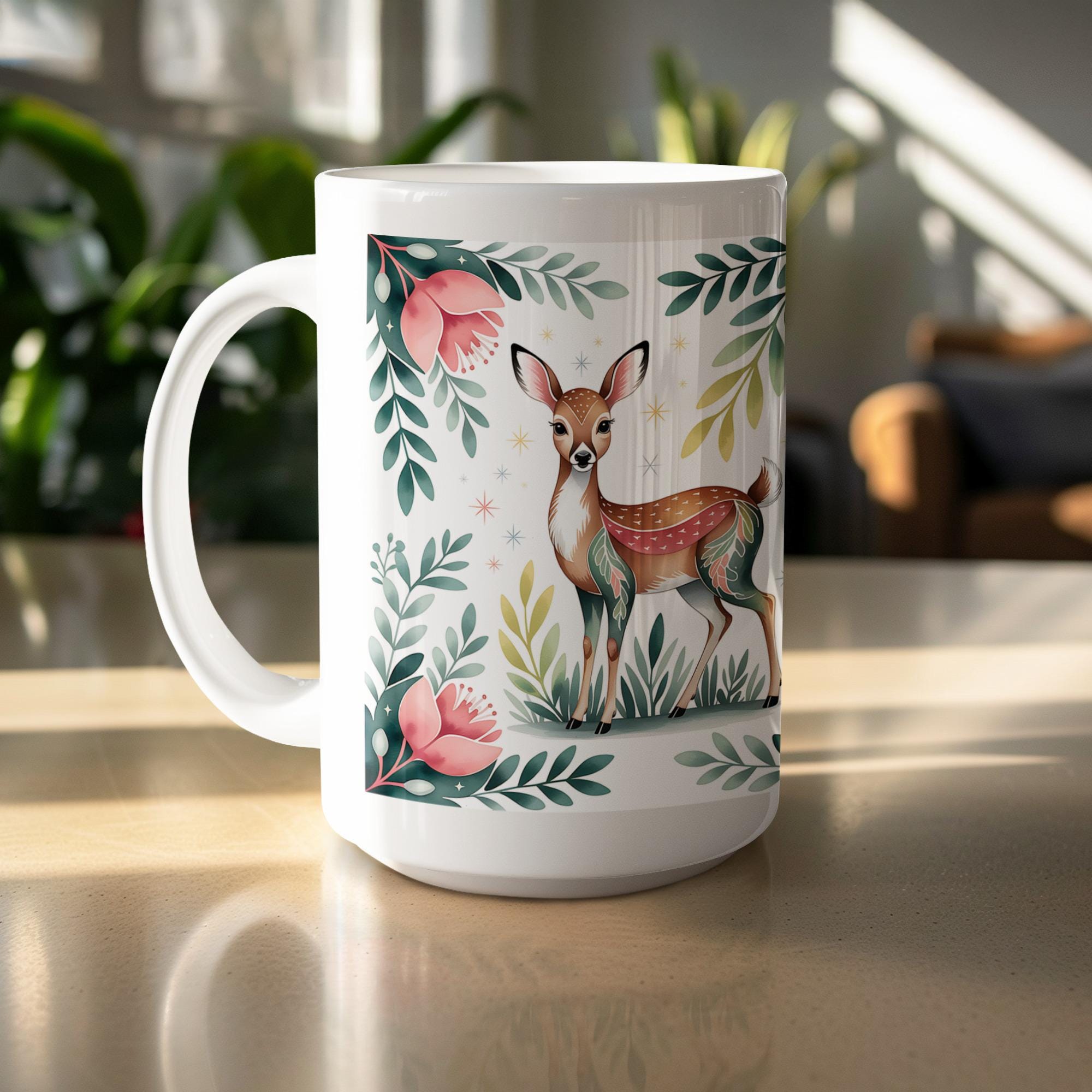 Deer Mug Wrap: Floral Watercolor Sublimation Design (Digital Download)