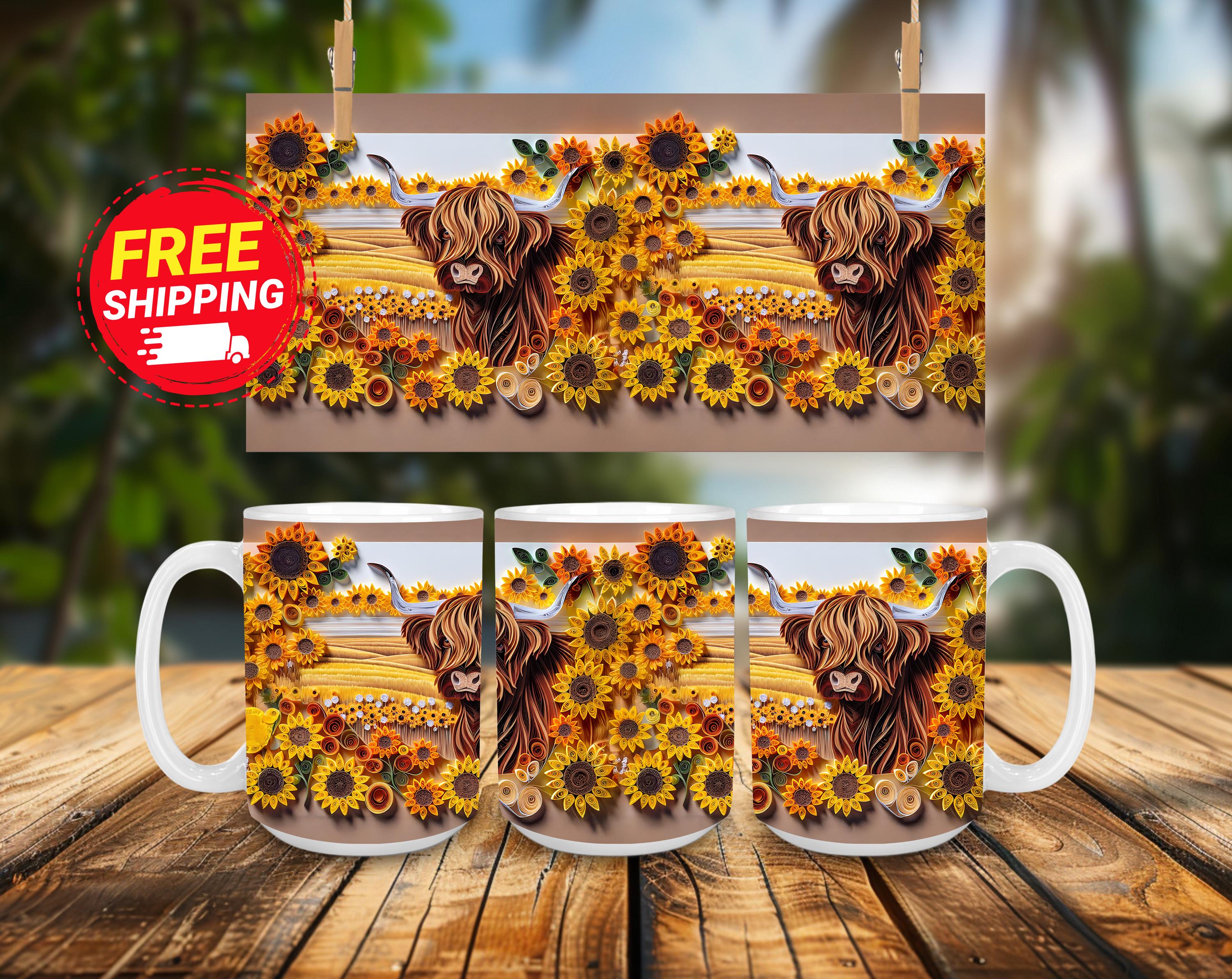 Paper Quilled Highland Cow Mug: Sunflower Farmhouse Decor