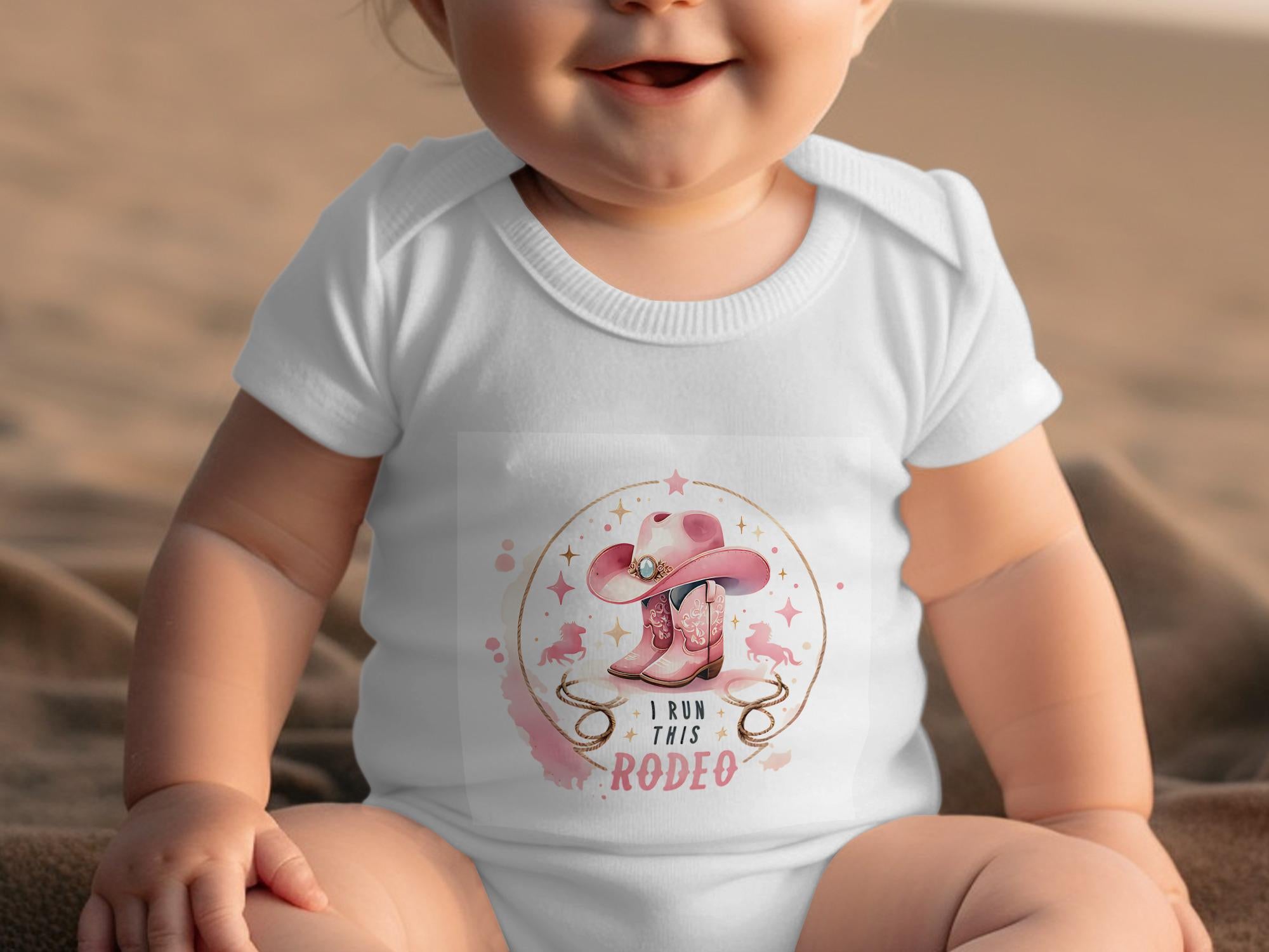 I Run This Rodeo Baby Onesie or T-Shirt: Pink Cowgirl Design