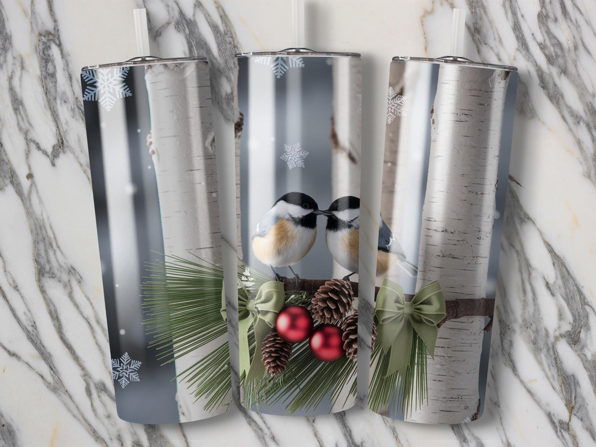 Chickadee Winter Tumbler Wrap: Birch & Pine Sublimation Design (PNG Digital Download)