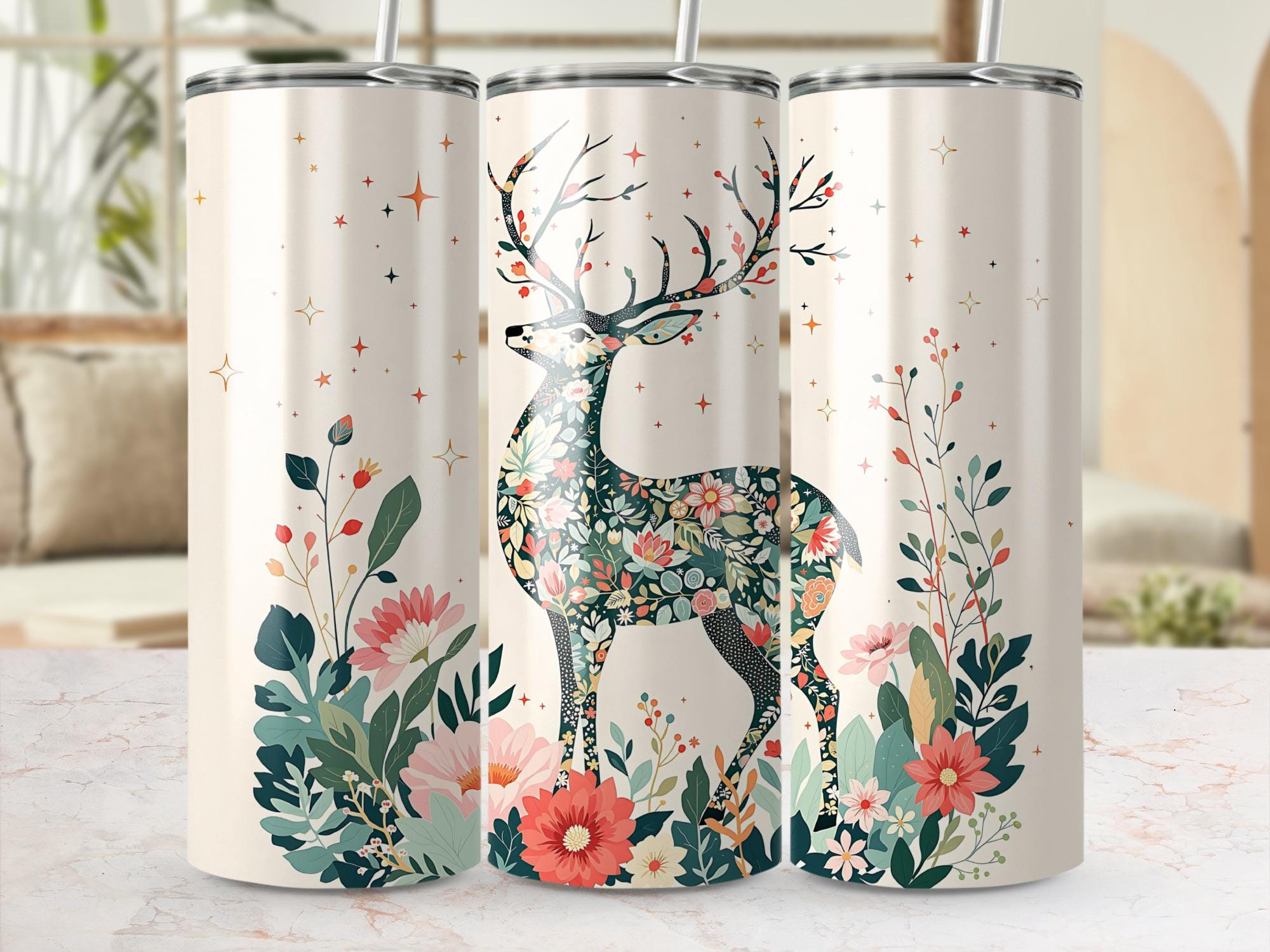 Floral Deer Tumbler Wrap: Boho PNG Sublimation Design (Digital Download)