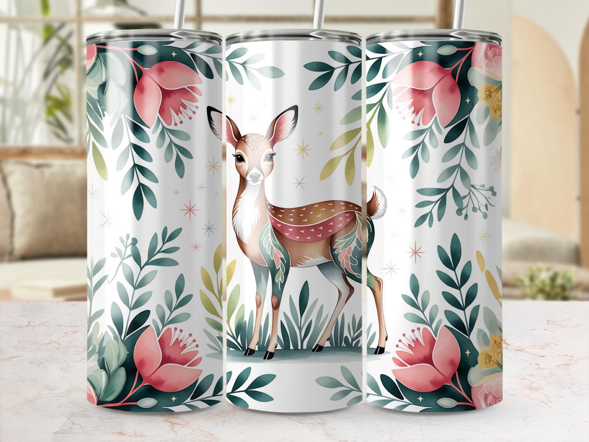 Floral Deer Tumbler Wrap: Watercolor Sublimation Design (PNG Digital Download 20oz Tumbler)