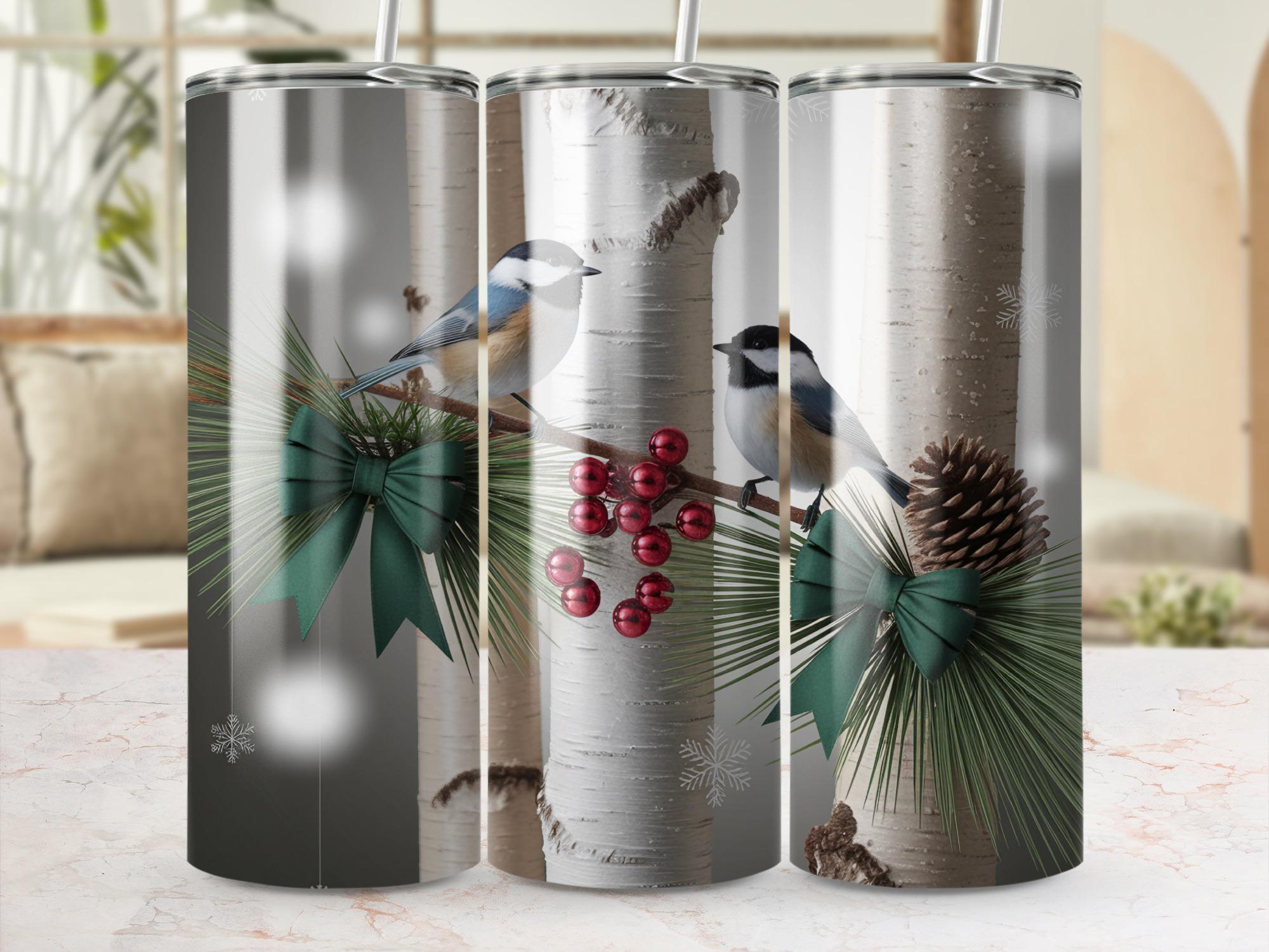 Winter Chickadee Tumbler Wrap: Birch Tree & Pine Design (Digital Download PNG)