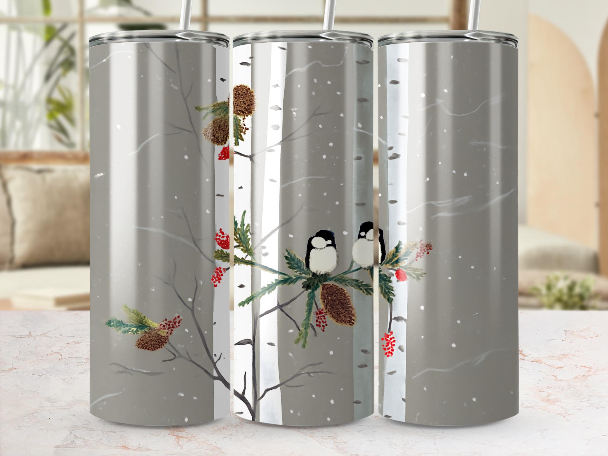 Chickadee Tumbler Wrap: Winter Bird, Birch Tree Design (Digital Download, 20oz PNG Files)