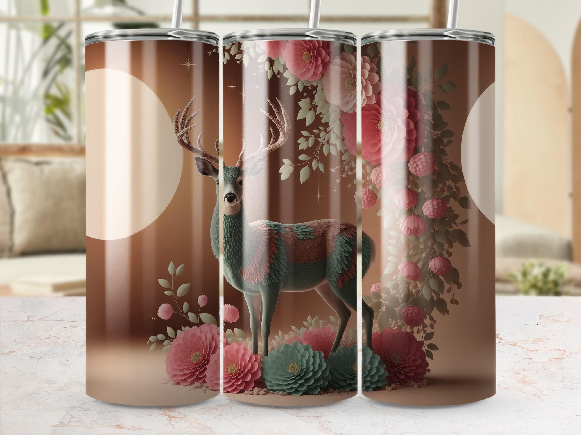 Floral Deer Tumbler Wrap: Sublimation Design PNG (Digital Download)