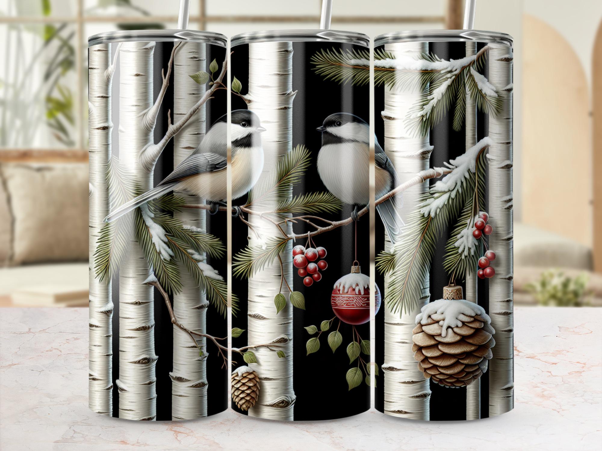 Chickadee Winter Tumbler Wrap: Birch Tree, Snow, Christmas (Digital Download)