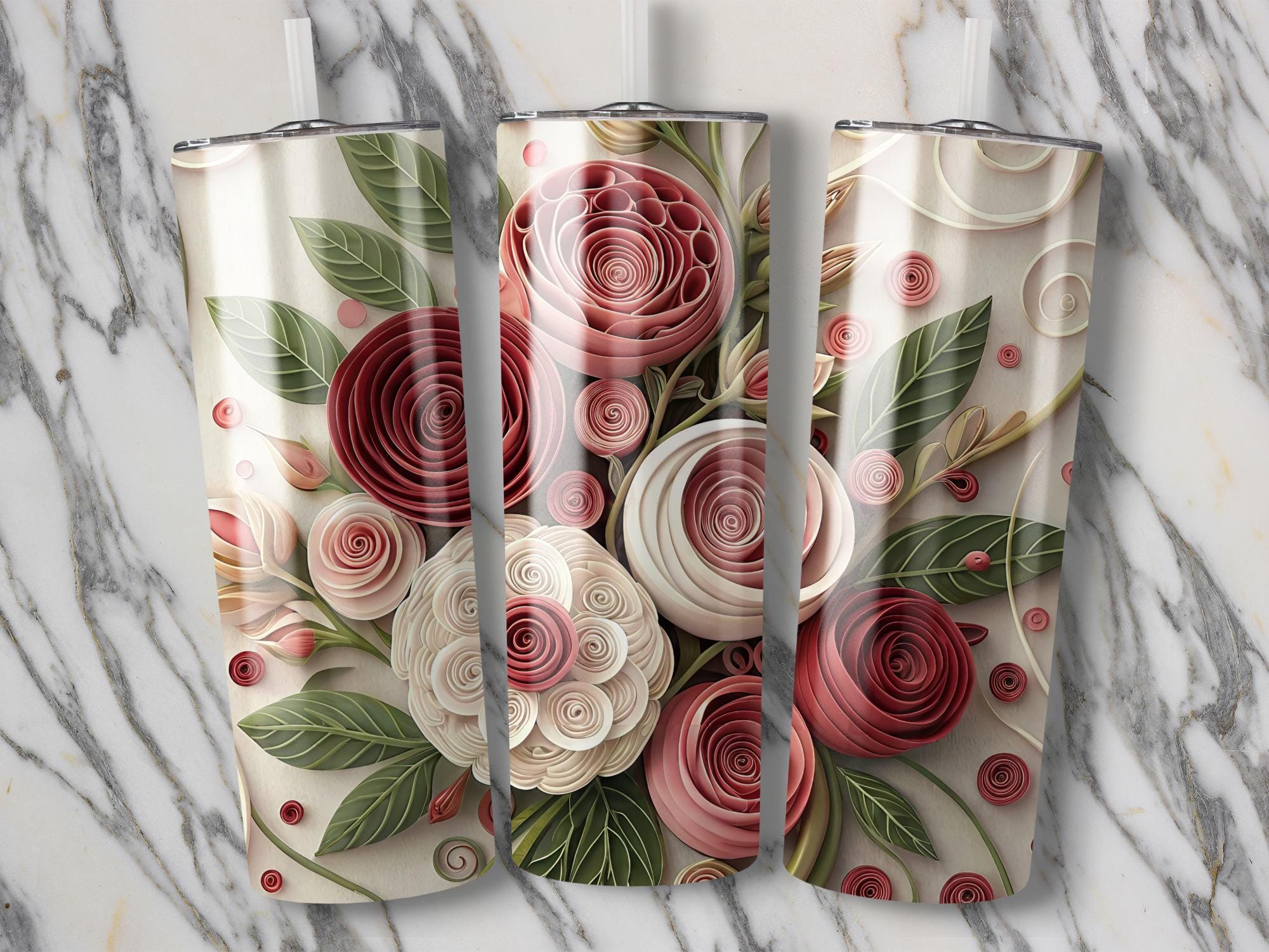 Quilling Rose Tumbler Wrap: Floral Sublimation Design (PNG Digital Download)