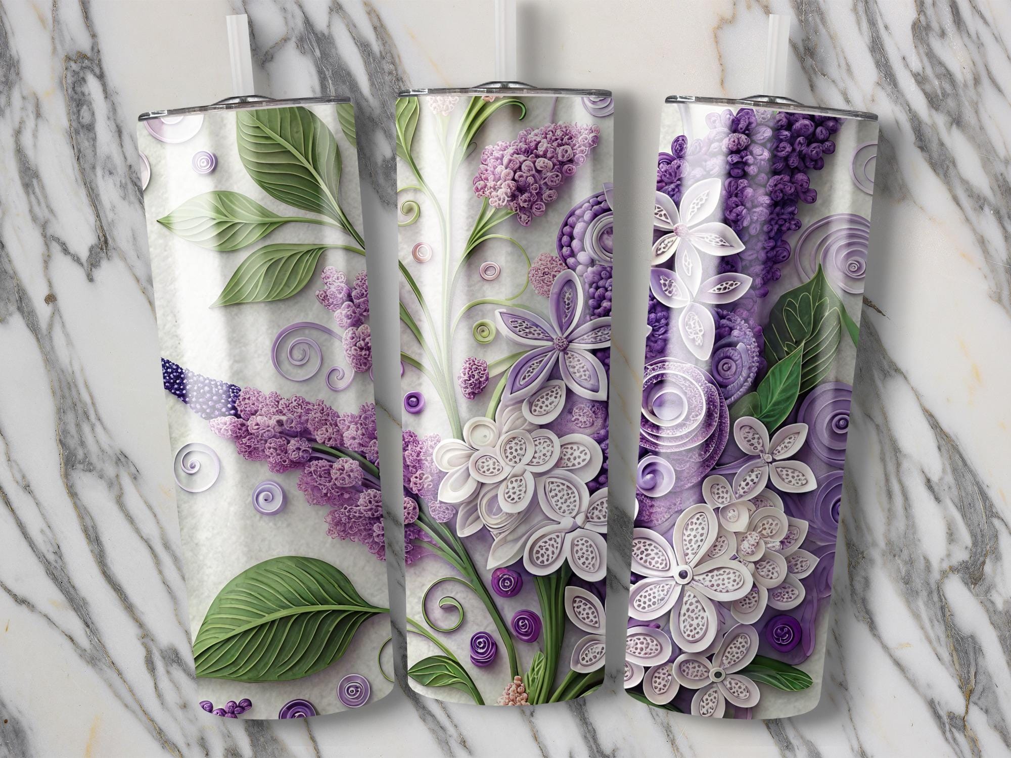Lilac Floral Tumbler Wrap: Purple Paper Quilling PNG (Digital Download)