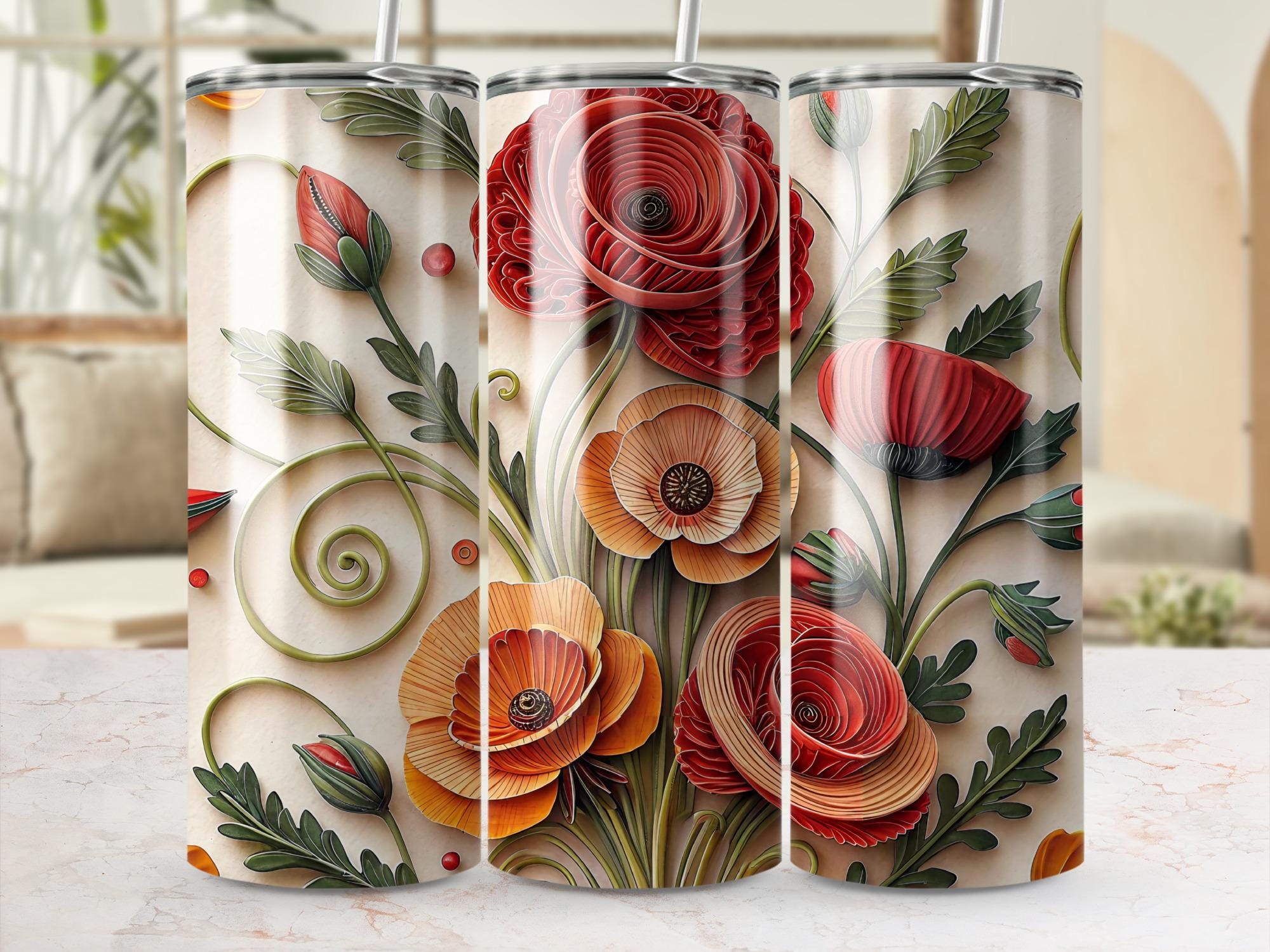 Poppy Tumbler Wrap: Paper Quilled Floral Design (Digital Download PNG, 20oz Skinny Tumbler)