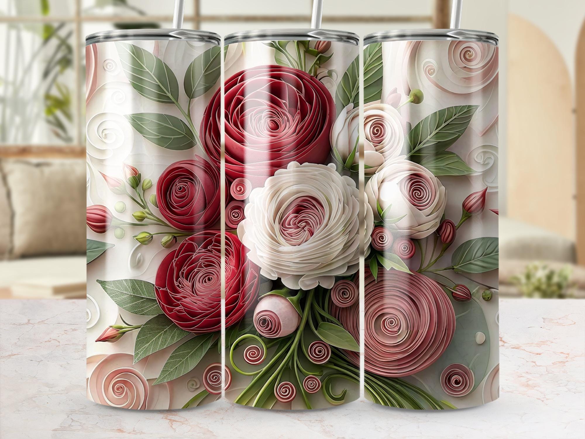 Rose Tumbler Wrap: Floral Sublimation Design (20oz Skinny Tumbler PNG Digital Download)