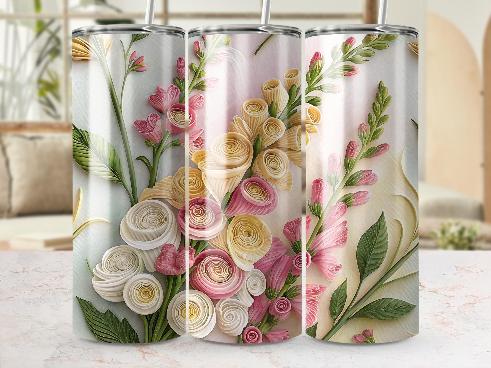 Floral Paper Quilling Tumbler Wrap: Rose & Snapdragon Design (PNG Digital Download)