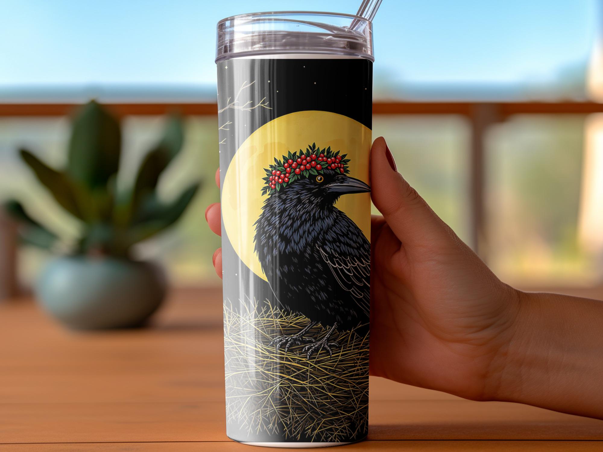Crow Tumbler Wrap: Floral Wreath, Moon Design (Digital Download, PNG File)