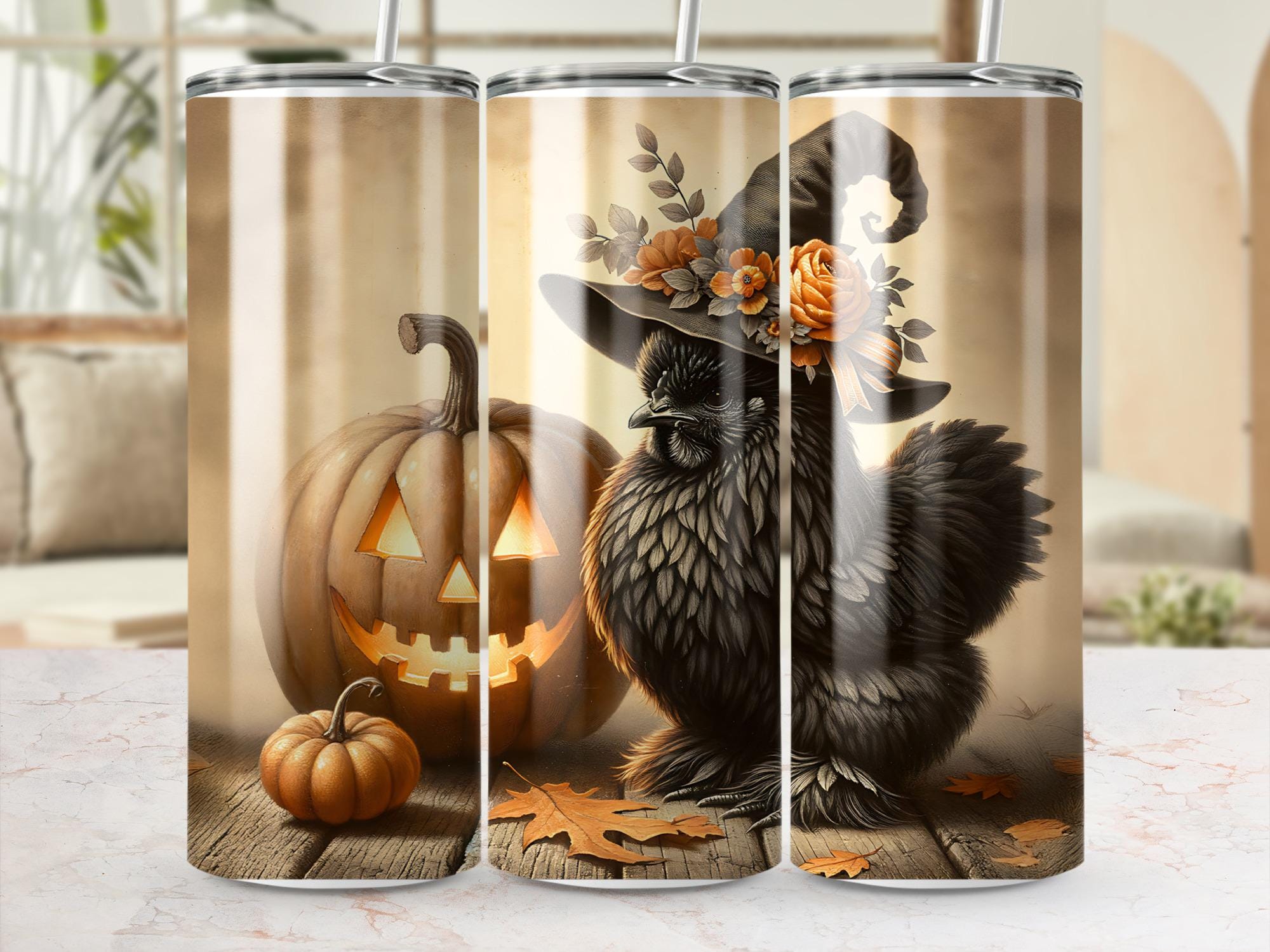 Silkie Chicken Witch Hat Tumbler Wrap: Spooky Halloween Design (Digital Download)