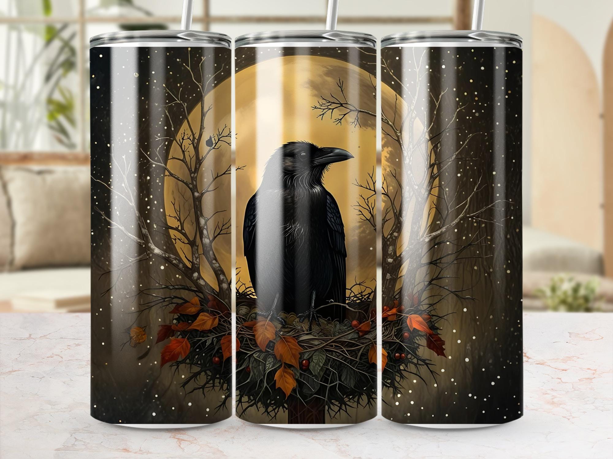 Raven Full Moon Tumbler Wrap: Autumn Bird PNG Design (Digital Download))