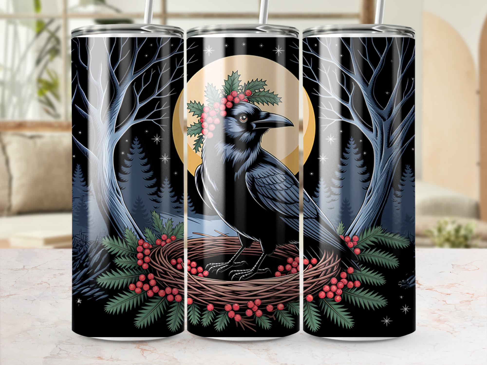 Raven Tumbler Wrap: Winter Forest Crow PNG (Digital Download)