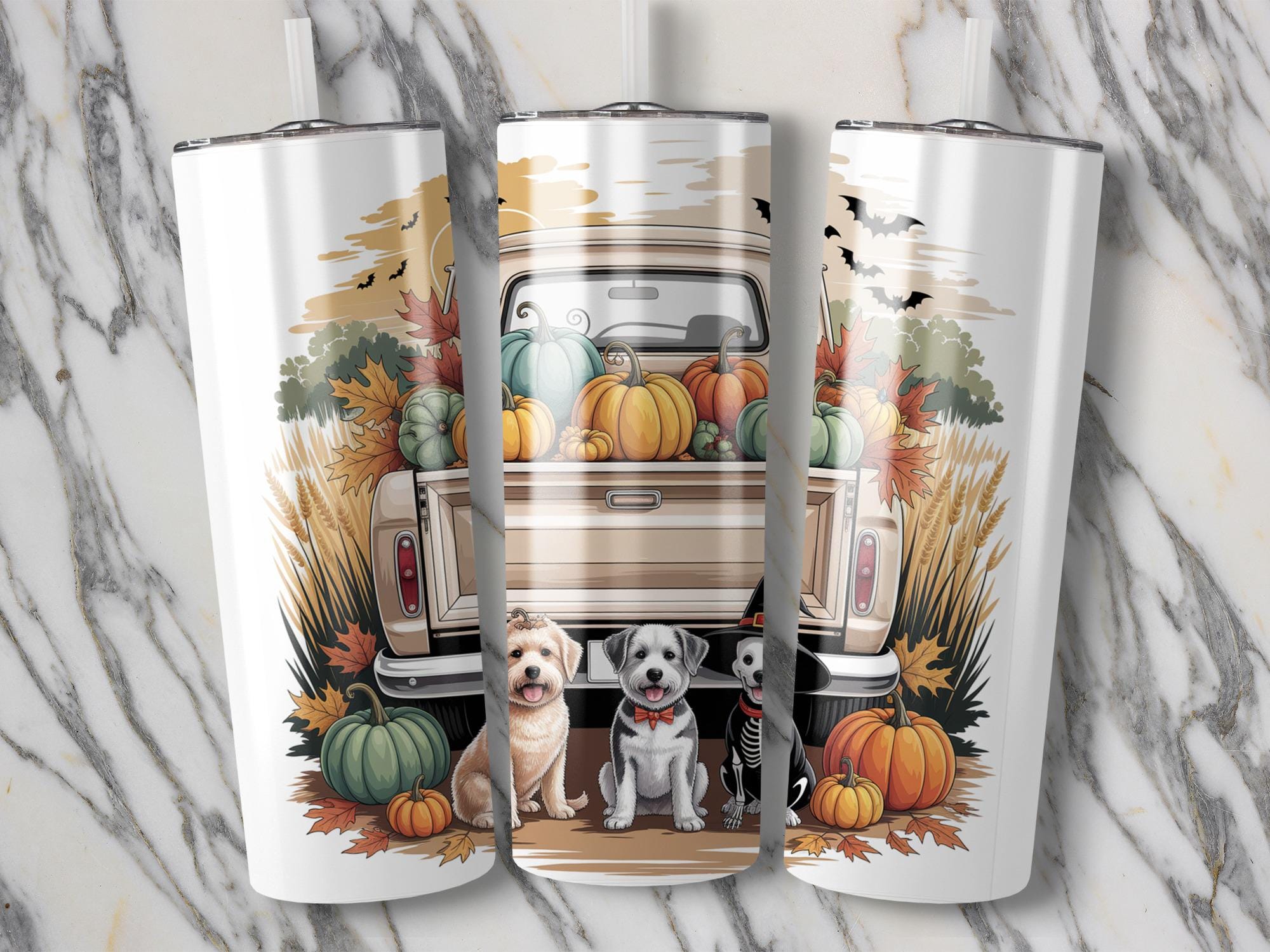 Halloween Dogs Truck Tumbler Wrap: Fall Pumpkins Sublimation Design (Digital Download))