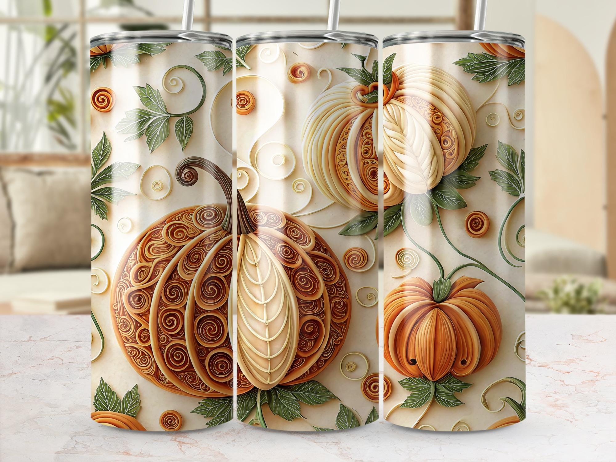 Quilled Pumpkins Tumbler Wrap: Fall Sublimation Design (PNG Digital Download 20oz Skinny Tumbler)
