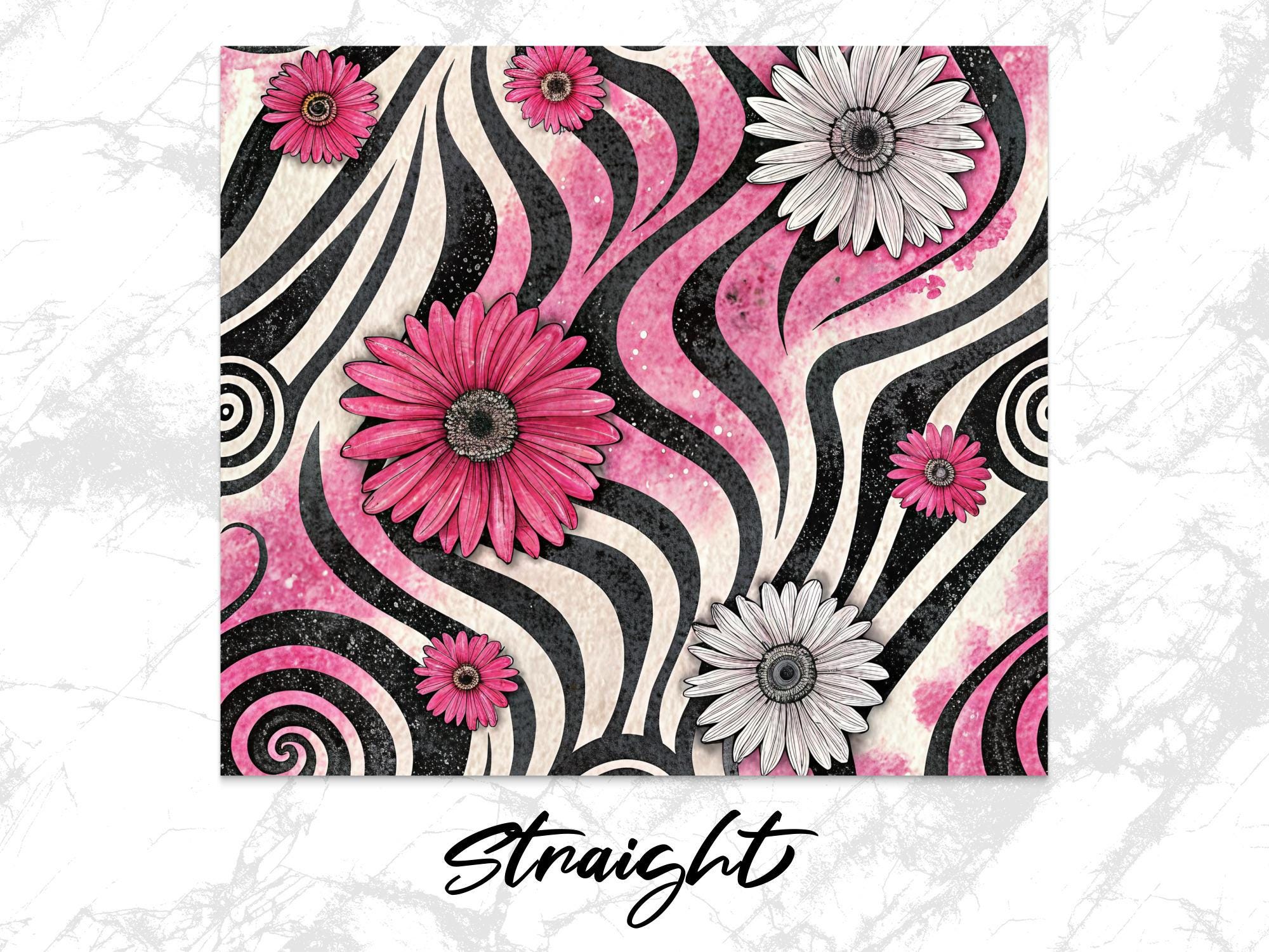Floral Zebra Tumbler Wrap: Pink Daisy Sublimation Design (PNG Digital Download)