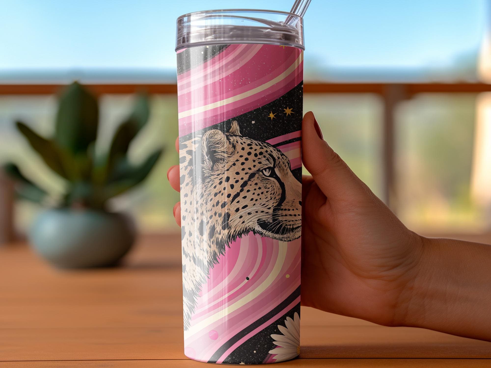 Retro Cheetah Tumbler Wrap: Pink Stripe Daisy Design (Digital Download)
