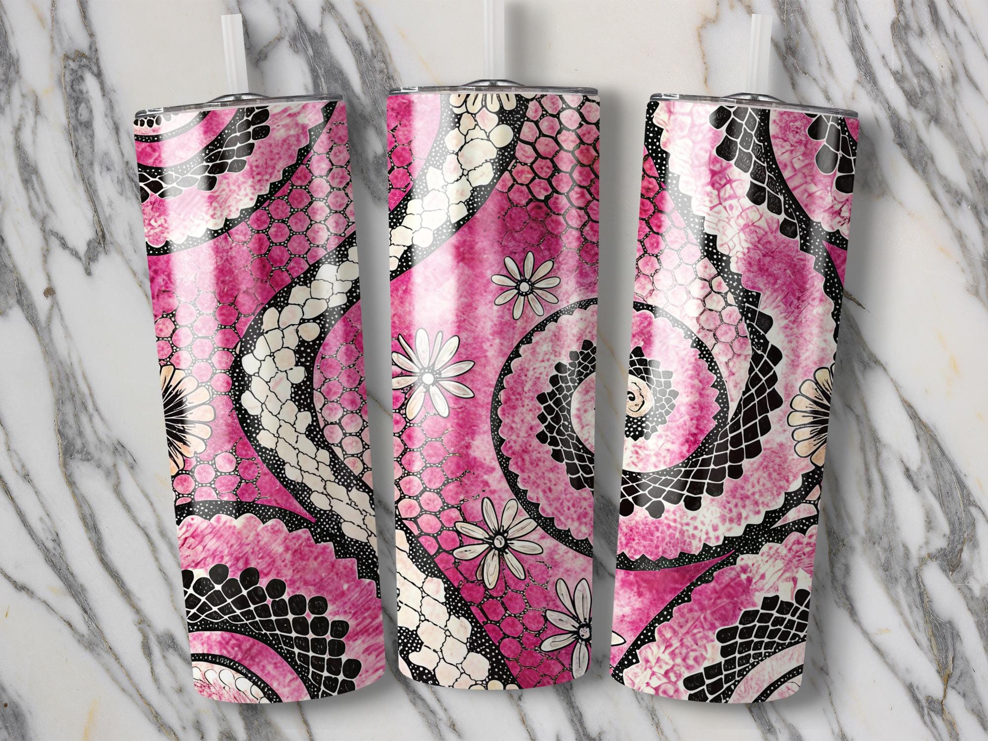 Pink Floral Tumbler Wrap, Daisy Flower Pattern 20 oz Sublimation Skinny Tumbler, Spiral Lace Design, Digital Download