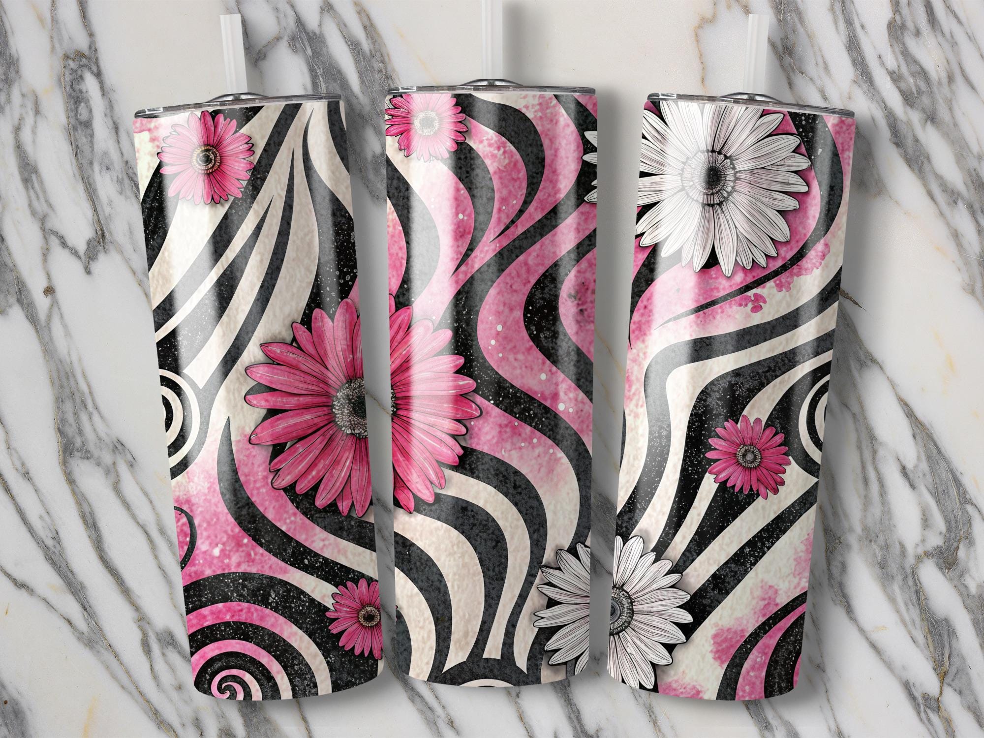 Floral Zebra Tumbler Wrap: Pink Daisy Sublimation Design (PNG Digital Download)
