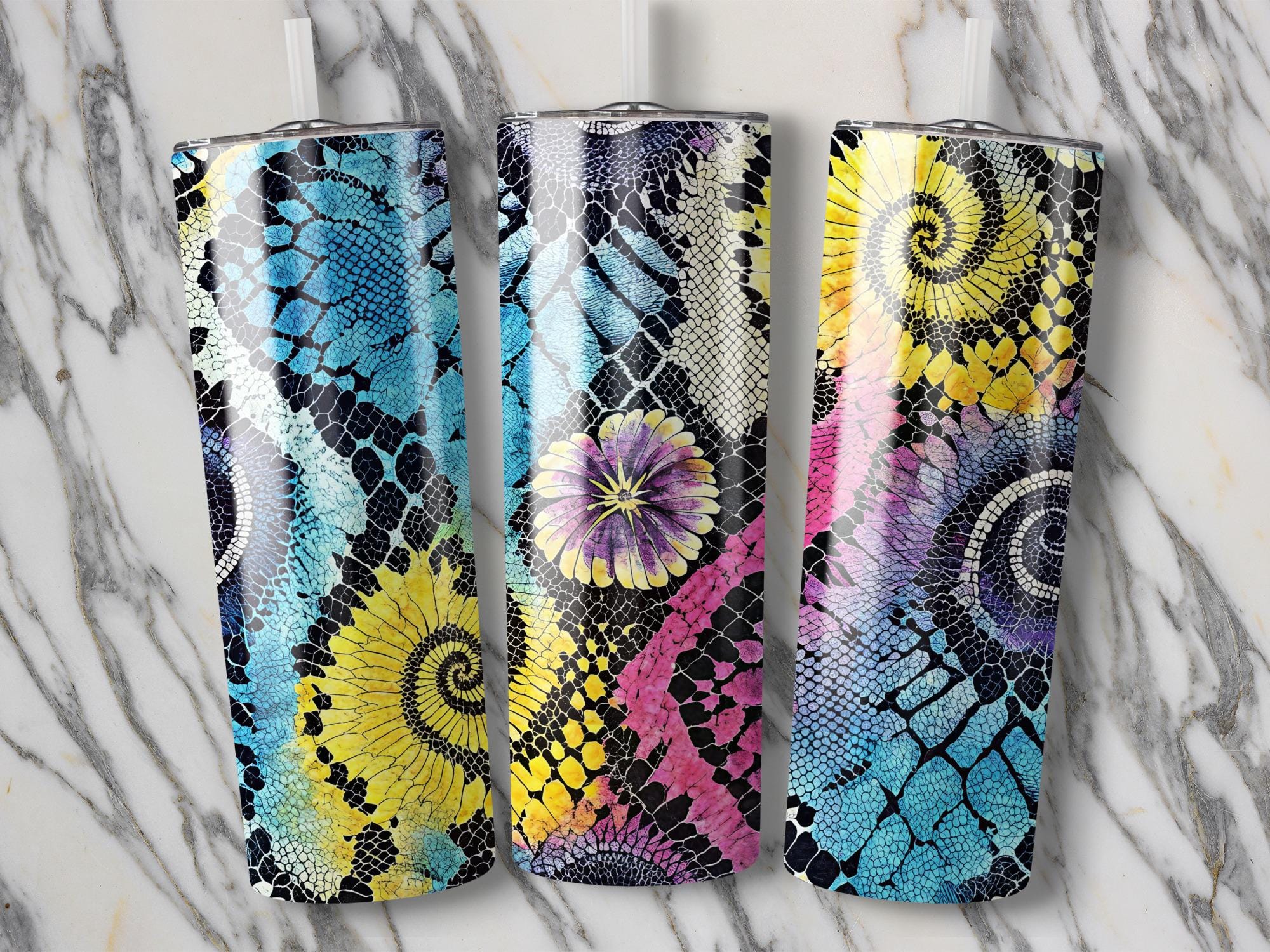Floral Snakeskin Tumbler Wrap: Rainbow 20 oz Skinny Tumbler (Digital Download Design