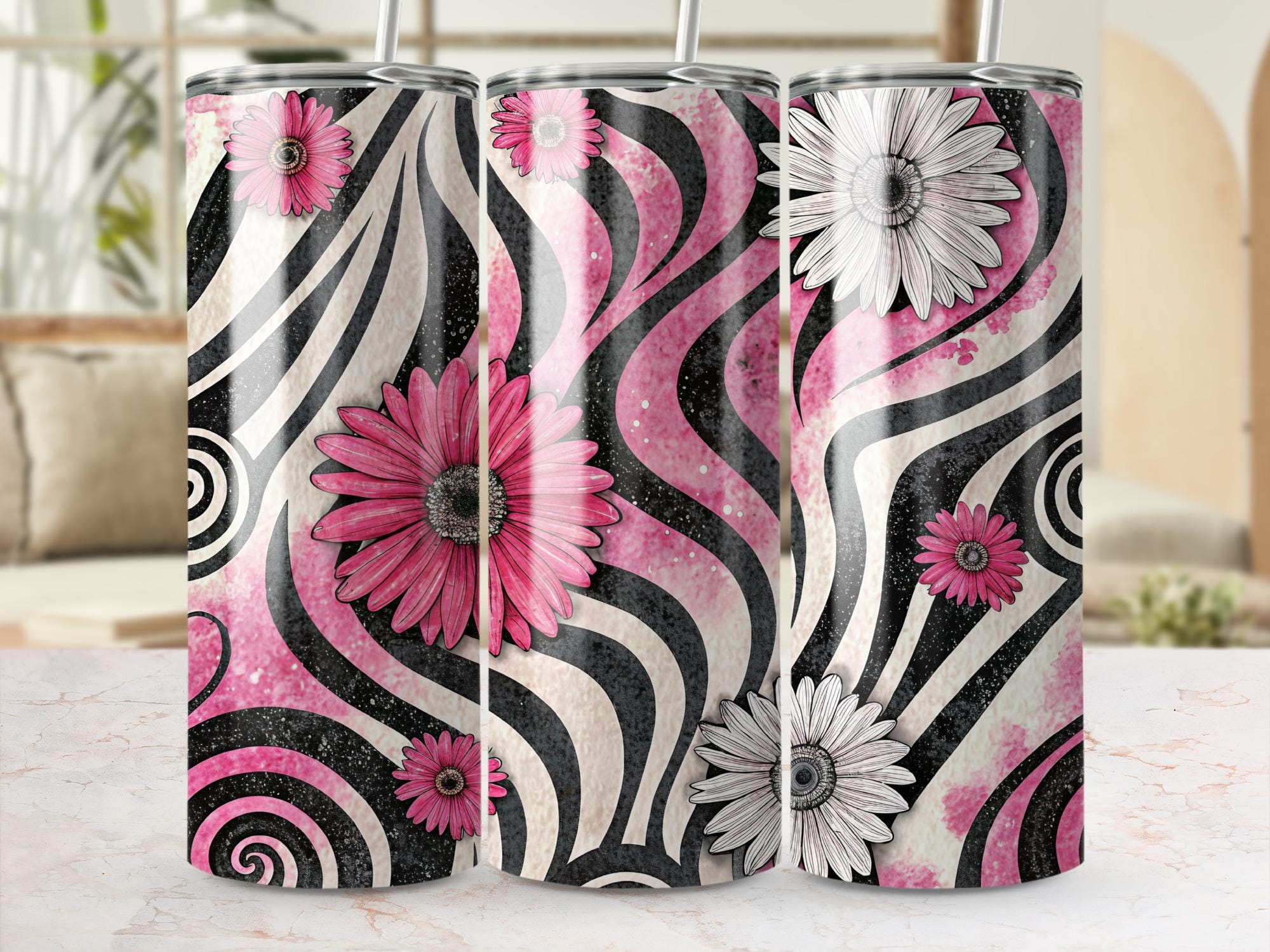Floral Zebra Tumbler Wrap: Pink Daisy Sublimation Design (PNG Digital Download)