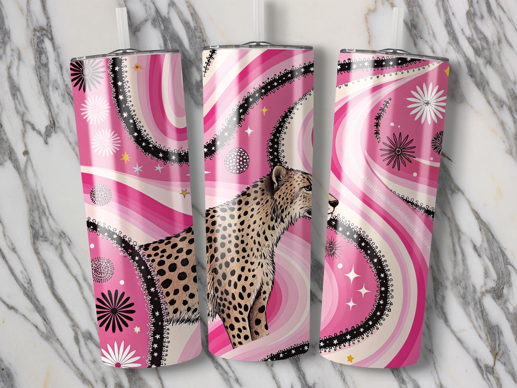 Cheetah Tumbler Wrap PNG: Retro Pink Swirls, Groovy Sublimation Design (Digital Download)