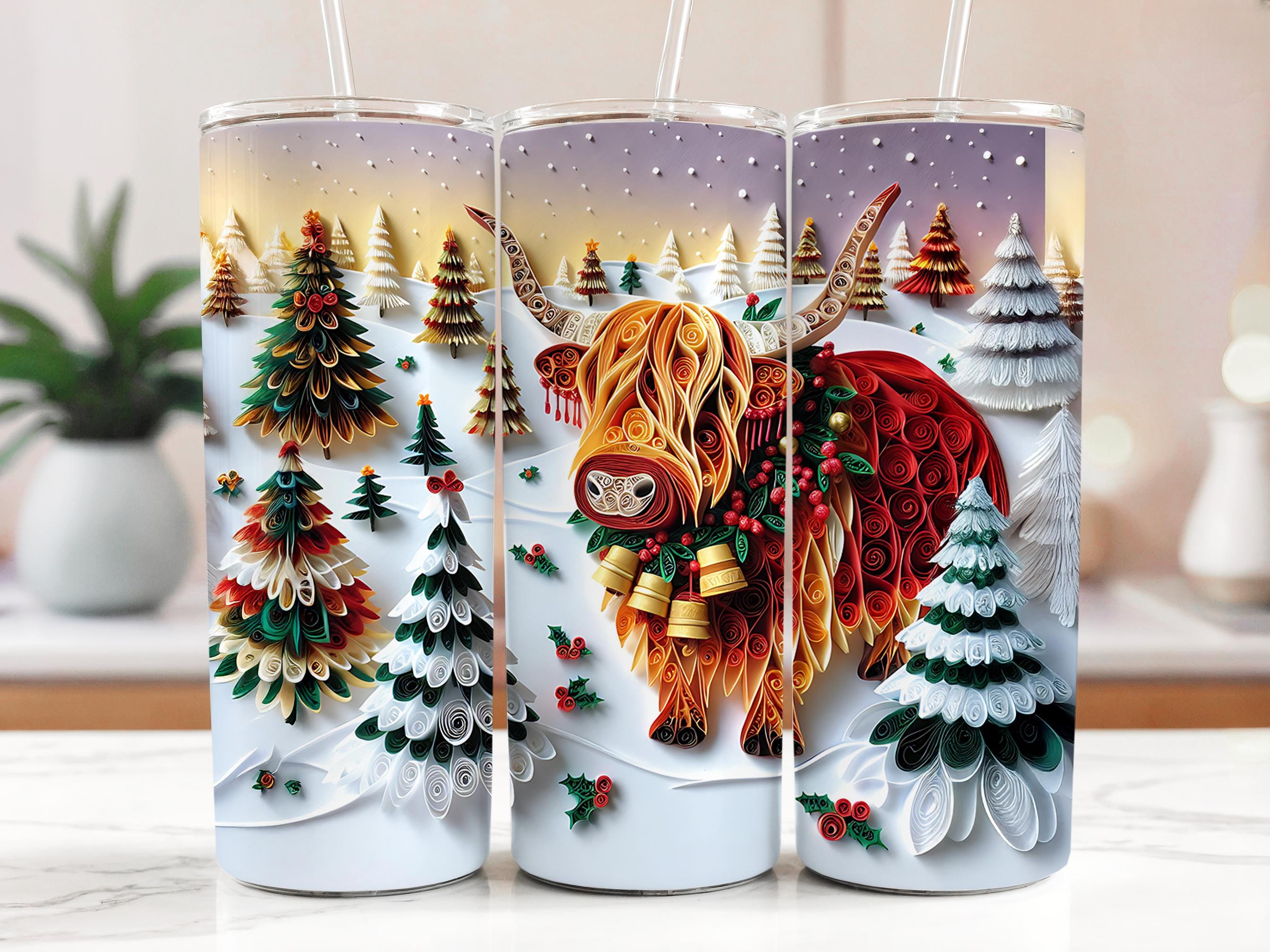 Christmas Highland Cow Tumbler Wrap: Quilled Art Sublimation Design (Digital Download)