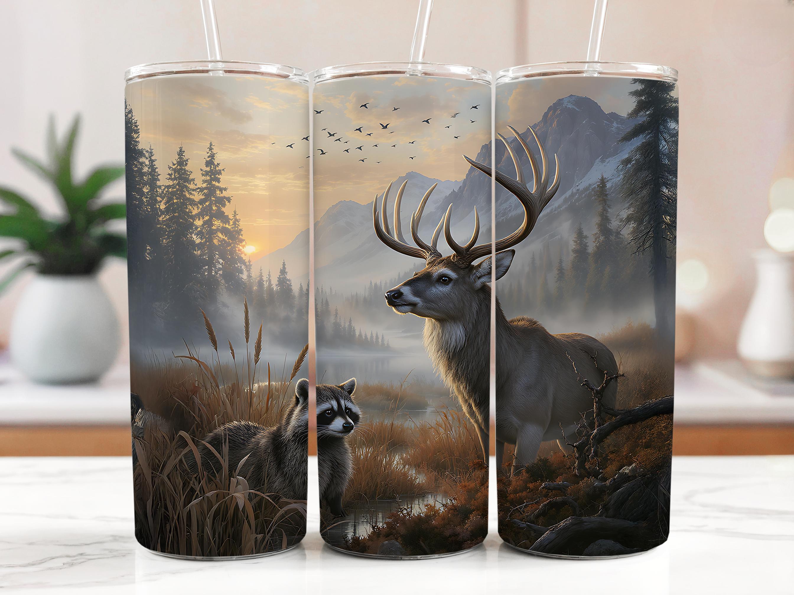 Deer & Raccoon Tumbler Wrap: Wildlife Forest Design (Digital Download PNG)