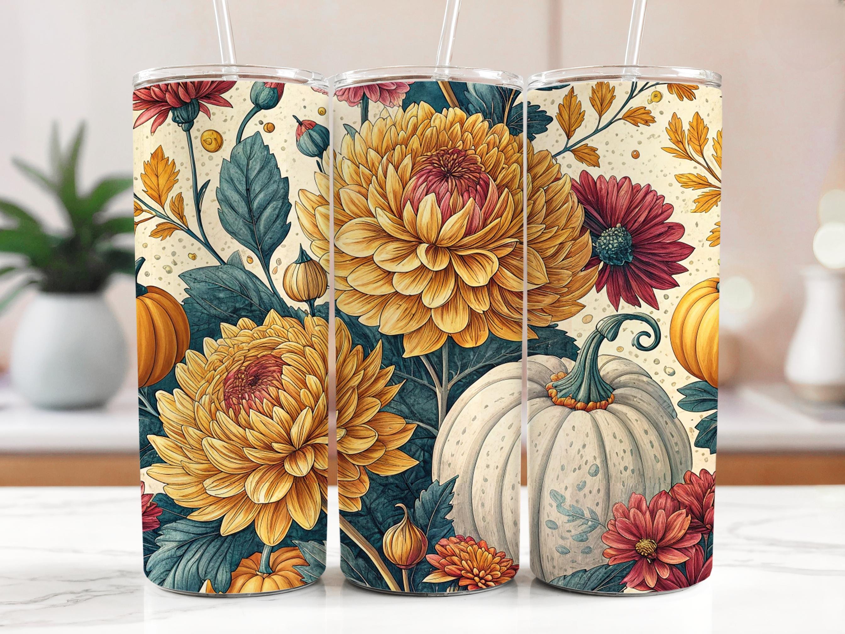 Floral Pumpkin Tumbler Wrap: Autumn Chrysanthemum PNG (Digital Download 20oz Tumbler Design)