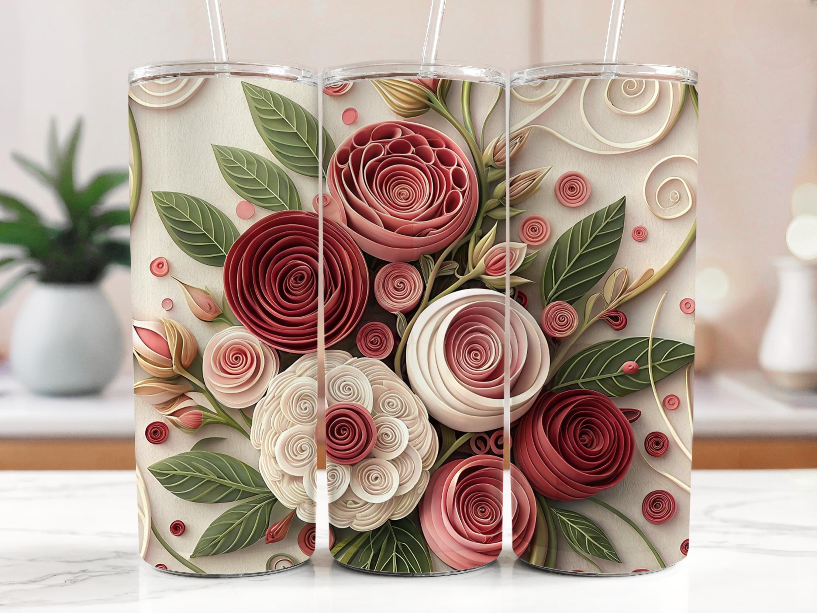 Quilling Rose Tumbler Wrap: Floral Sublimation Design (PNG Digital Download)