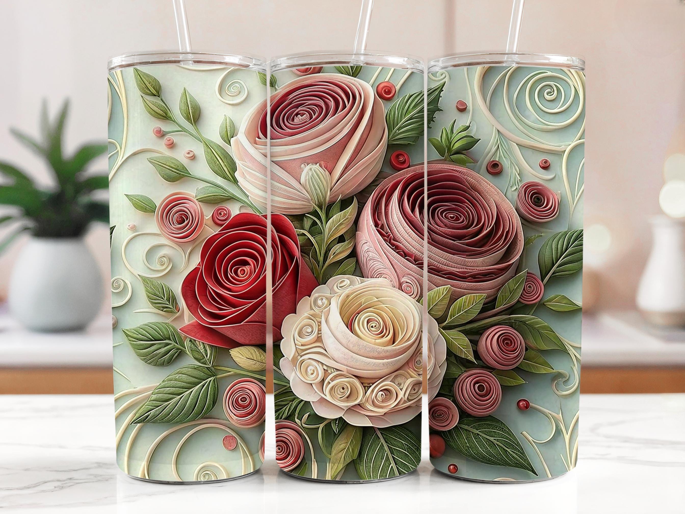 Rose Tumbler Wrap: Paper Quilling Floral Design (Digital Download PNG, 20oz Skinny Tumbler Sublimation)