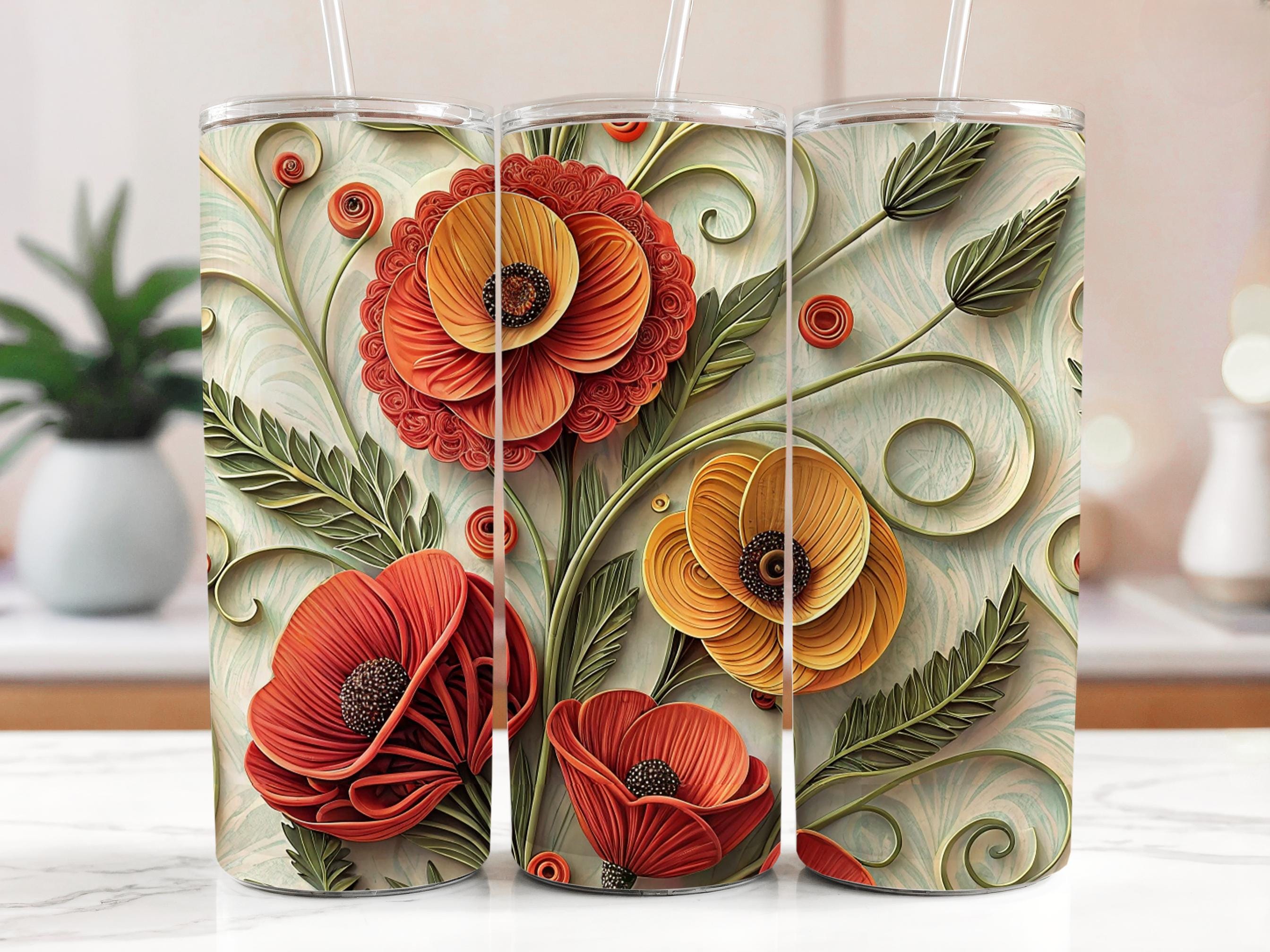 Poppy Tumbler Wrap: Paper Quilled Flower Sublimation Design (PNG Digital Download)